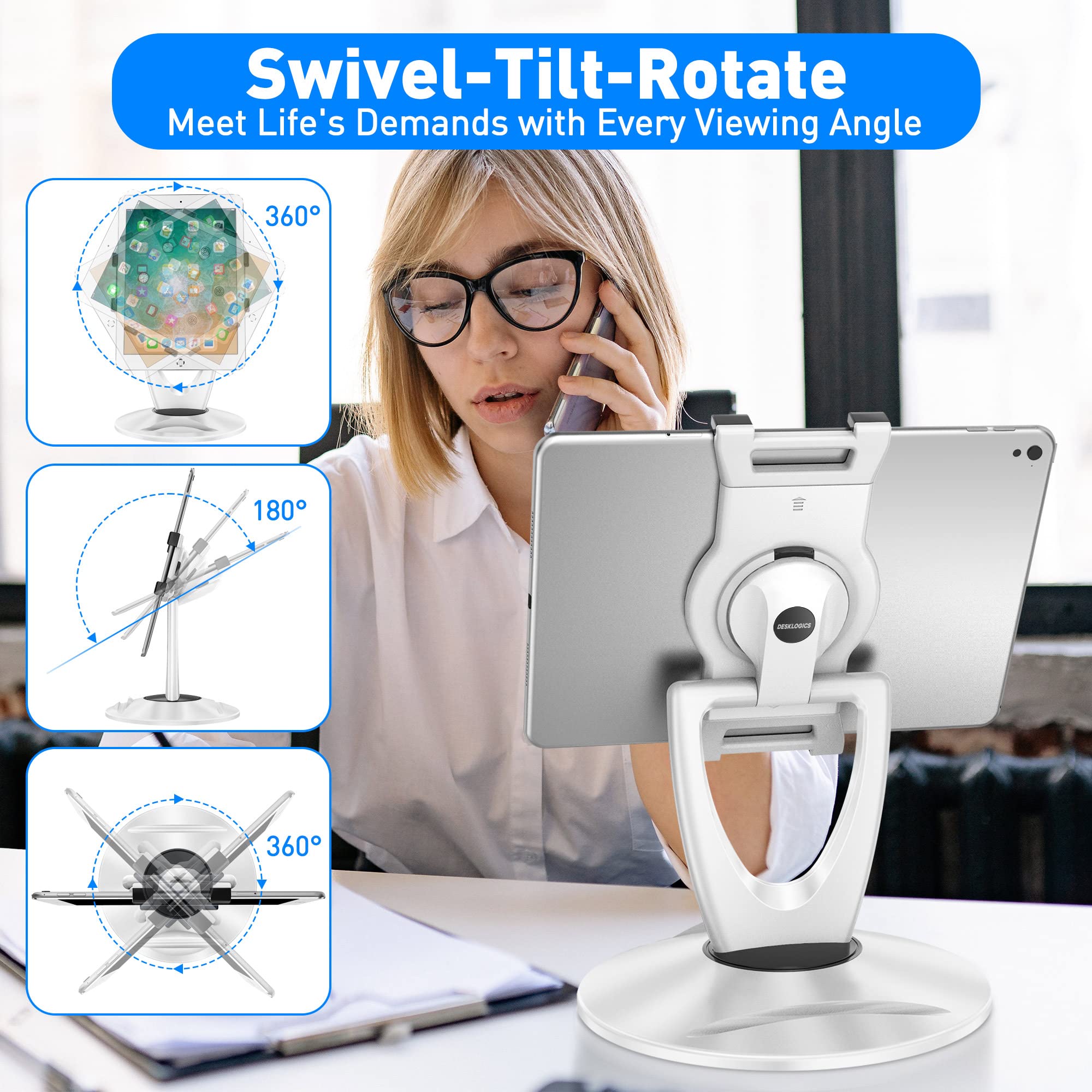 Desklogics Ipad Stand For Desk, Tablet Holder   6 Inch To 13 Inch   Stable, Adjustable   360 Swivel Angle Pen Phone Ipad Stand F
