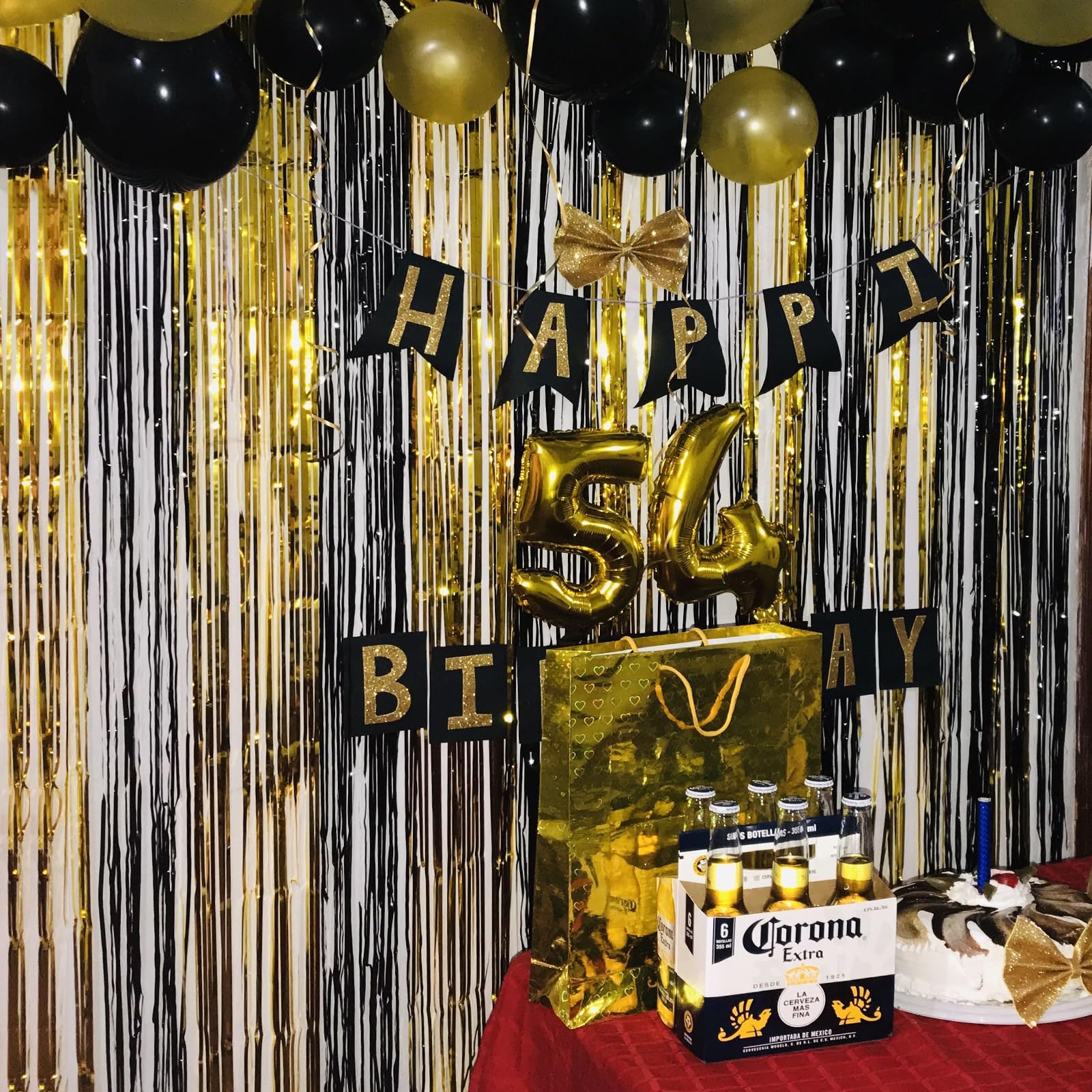 Canrevel 2 Pack 3.3X8.2 Feet Black And Gold Foil Fringe Backdrop Curtains, Tinsel Streamers Birthday Party Decorations, Fringe B