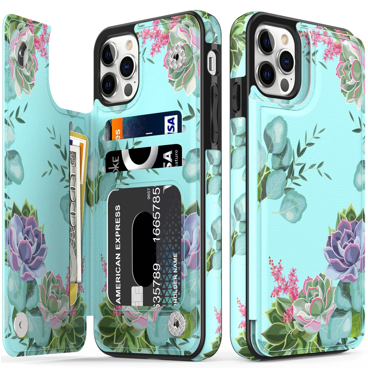 Leto Iphone 14 Pro Case,Flip Folio Leather Wallet Cover With Fashion Flower Designs For Girls Women,Built-In Card Slots Kickstan