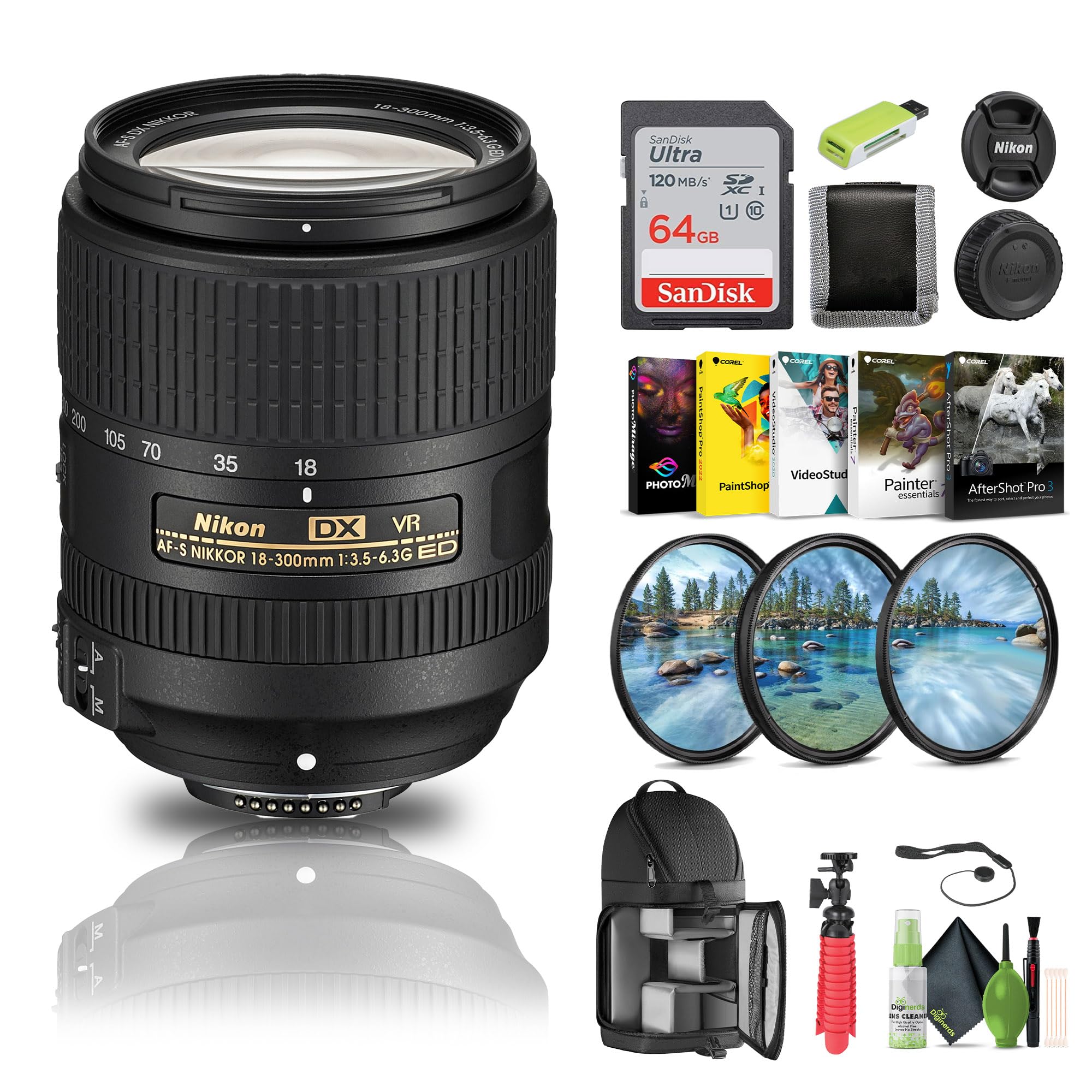 Nikon AF-S DX NIKKOR 18-300mm f/3.5-6.3G ED VR Lens (2216) + 64GB Memory Card + Filter Kit + Backpack + Card Reader + Corel Phot
