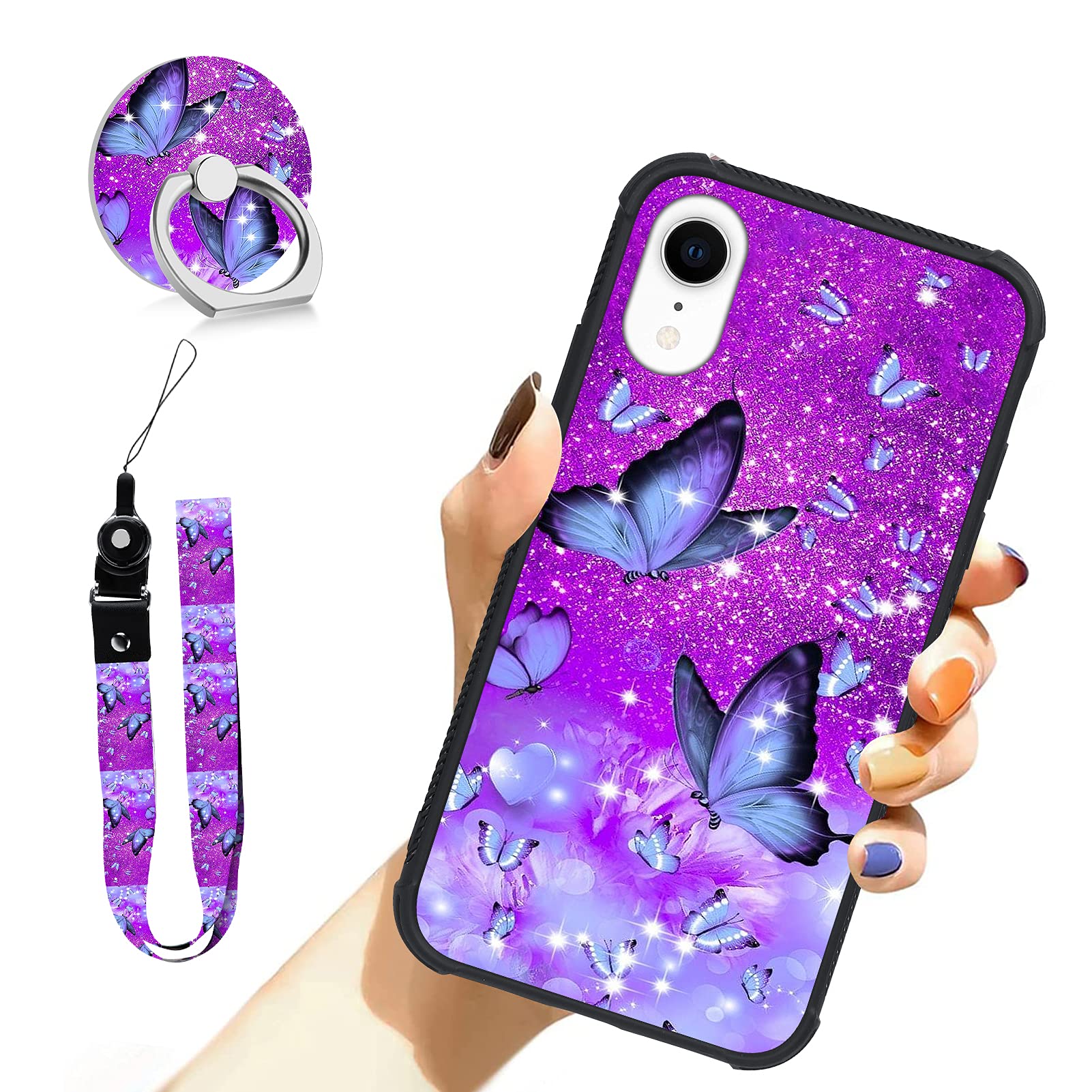 Ziye Designed For Iphone Xr Case Purple Butterfly Hard Lanyard Case With Phone Ring Holder,Full Body Protection Shockproof Drop