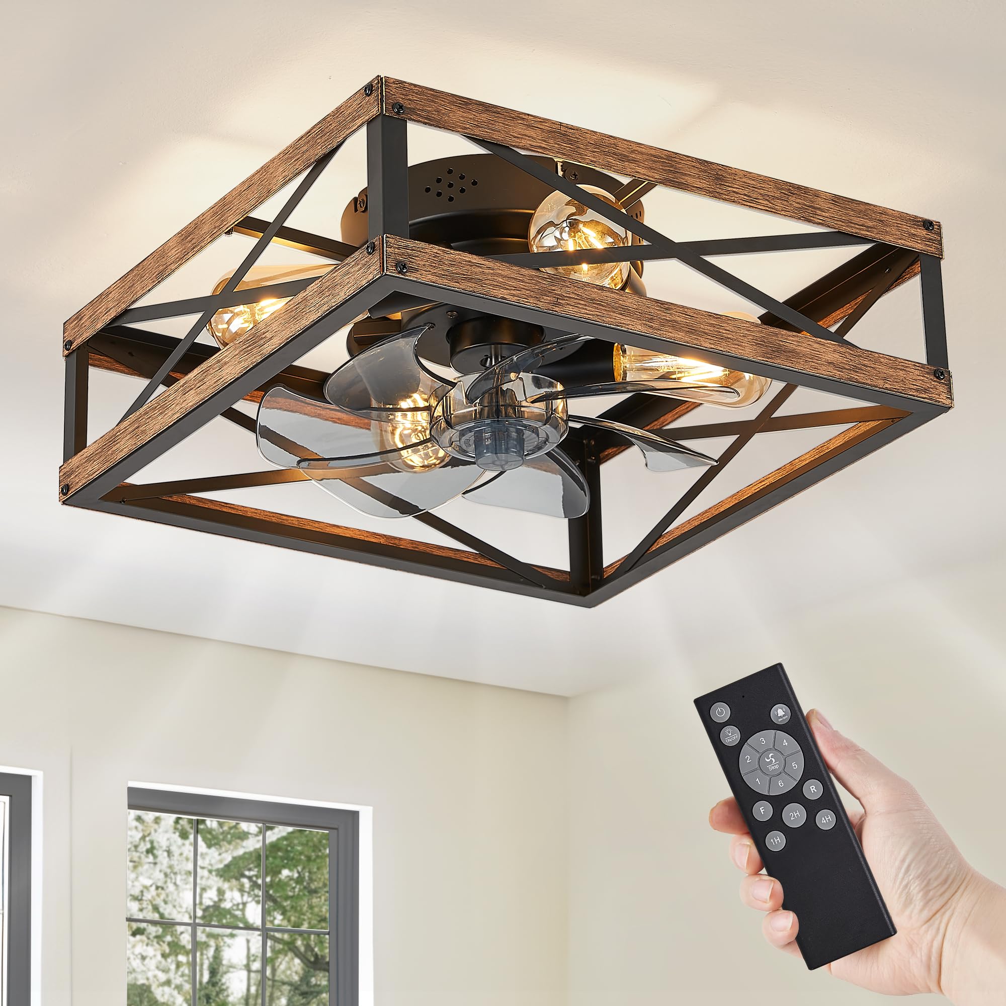 LEDIARY Caged Low Profile Ceiling Fans with Lights and Remote, Rustic Square Flush Mount Ceiling Fan, 6 Speed and Reversible, Sm