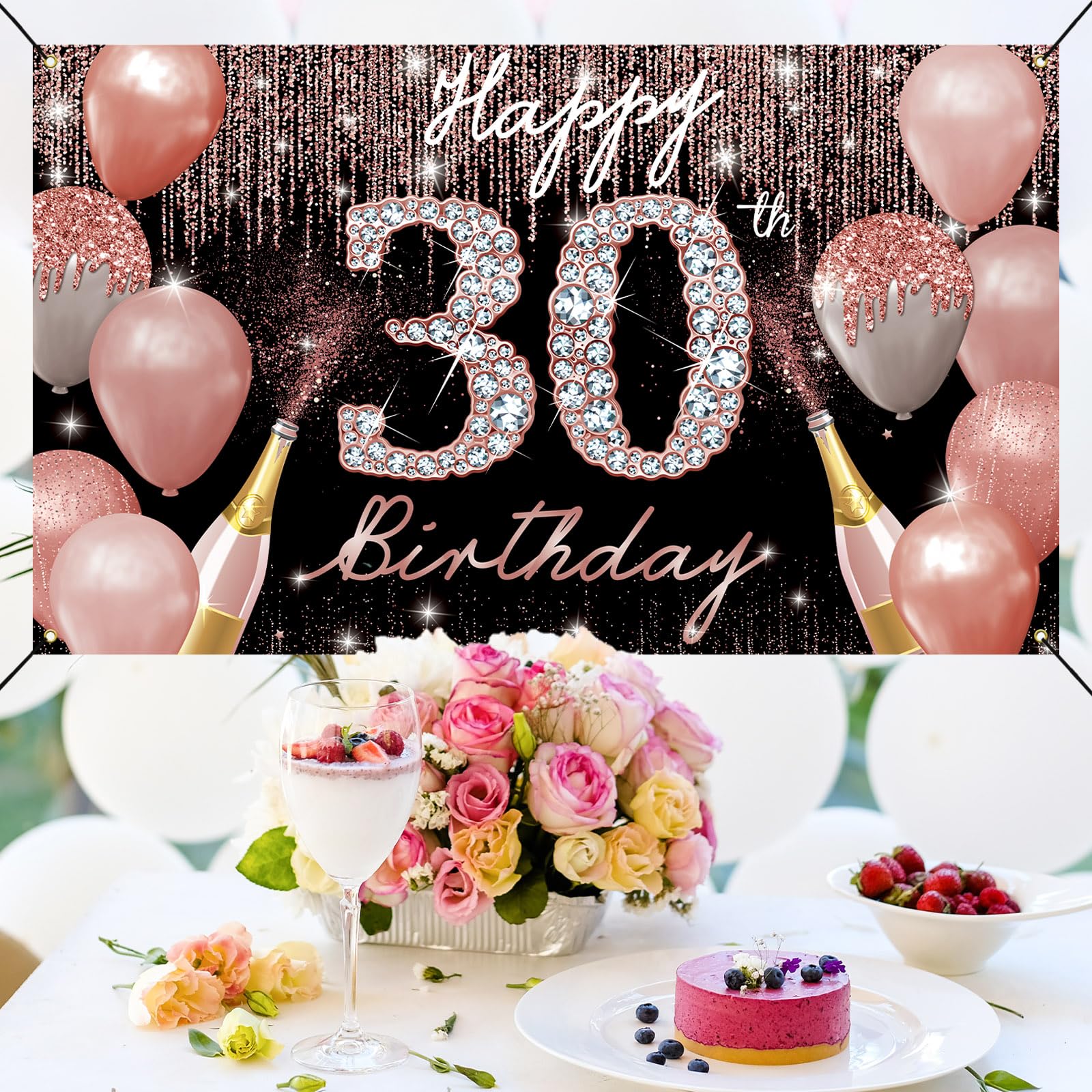 Happy 30Th Birthday Backdrop Banner, 30Th Birthday Decoration For Women Rose Gold, 30 Year Old Birthday Party Yard Sign Photo Bo