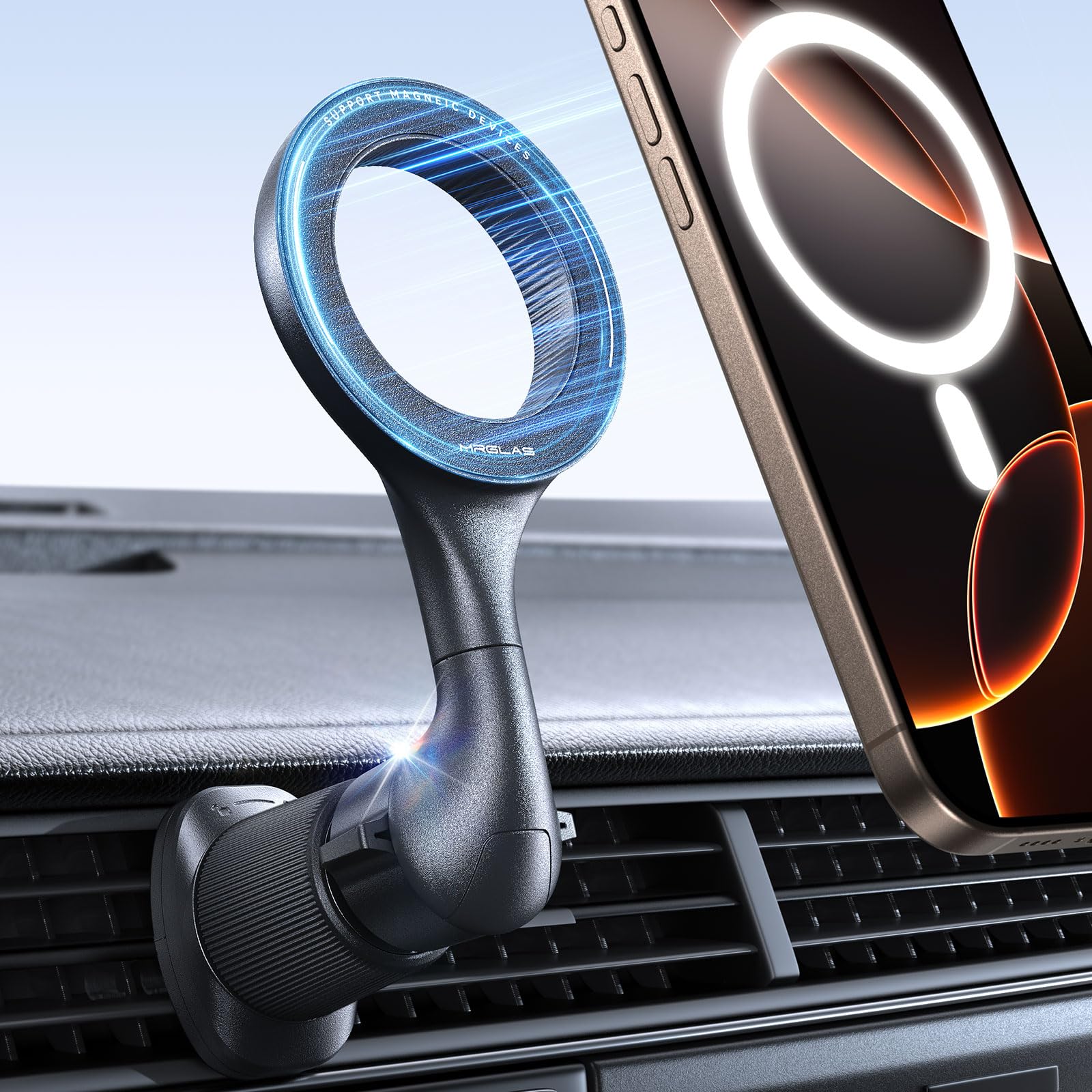Mrglas For Magsafe Car Mount [ 2025 Upgraded 40 Strong Magnets] [360 Rotation] Air Vent Magnetic Phone Holder [Double Metal Hook