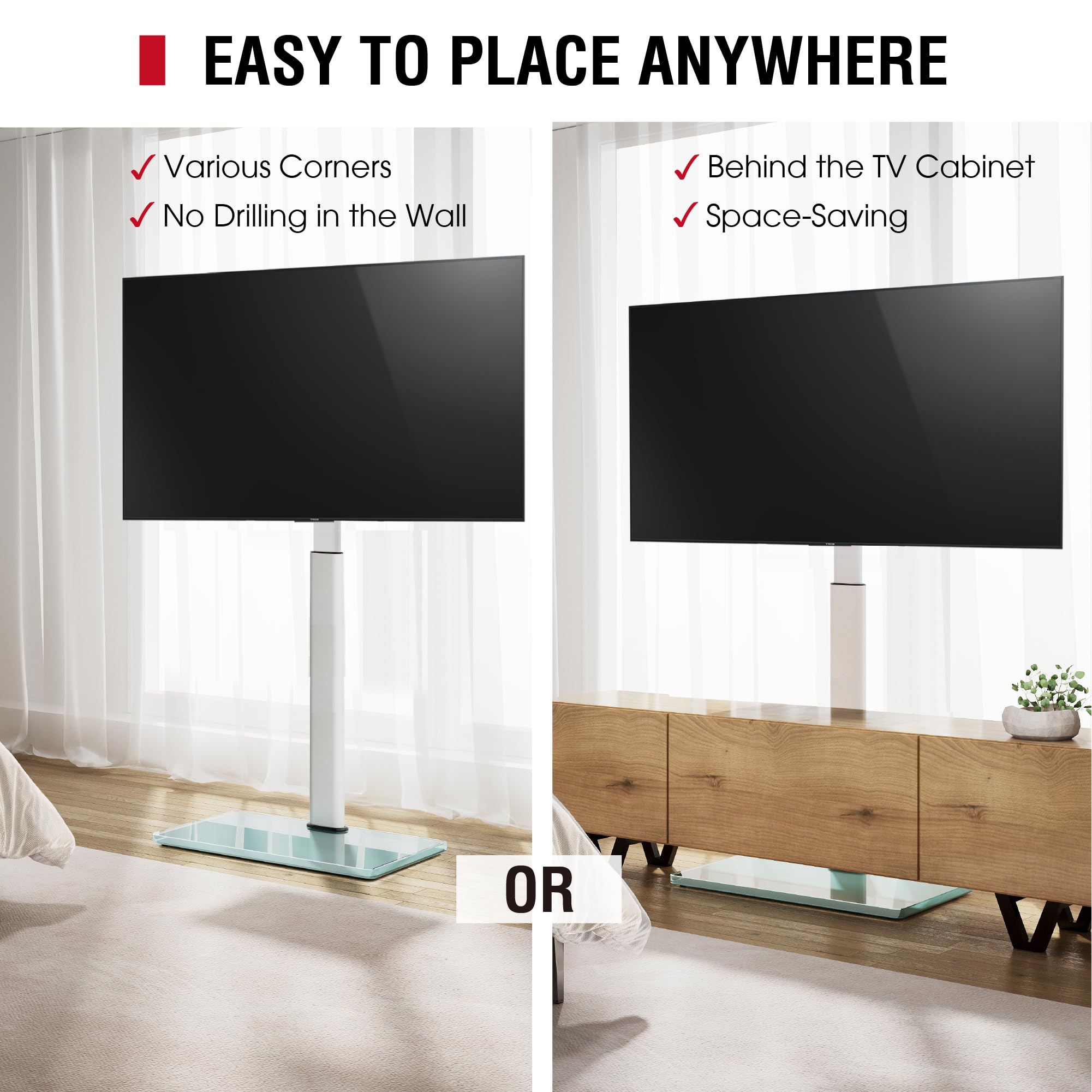 Aokcos Floor Tv Stand With Swivel Mount For Most 43 To 75 Inch Tvs Up To 110 Lb, 8 Level Height Adjustable Tilting Tv Floor Stan