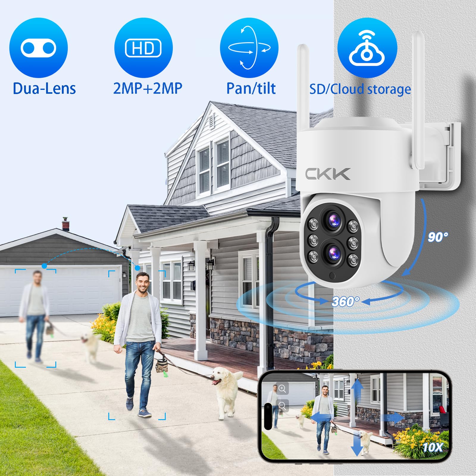 ?Dual Wi Fi,2Mp+2Mp Dual Lens? 2K Security Camera System With Dual Lens Outdoor, With 10'' Lcd Monitor, 4 Pcs Dual Band Wifi Ptz