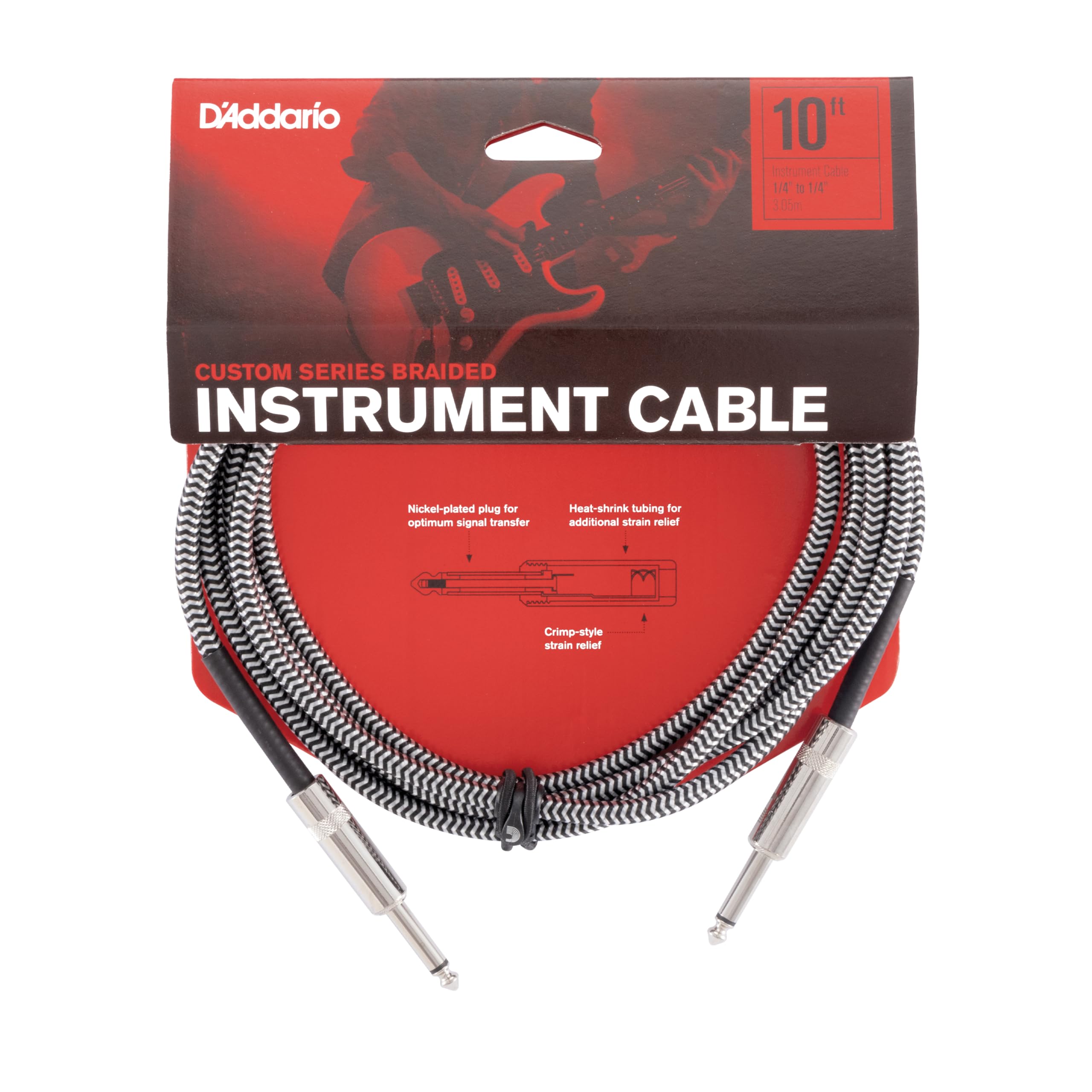 DAddario Guitar Cable - Guitar Lead - Instrument Cable - Guitar Accessories - Custom Series Braided Cable - 10 Feet/3.05 Meters