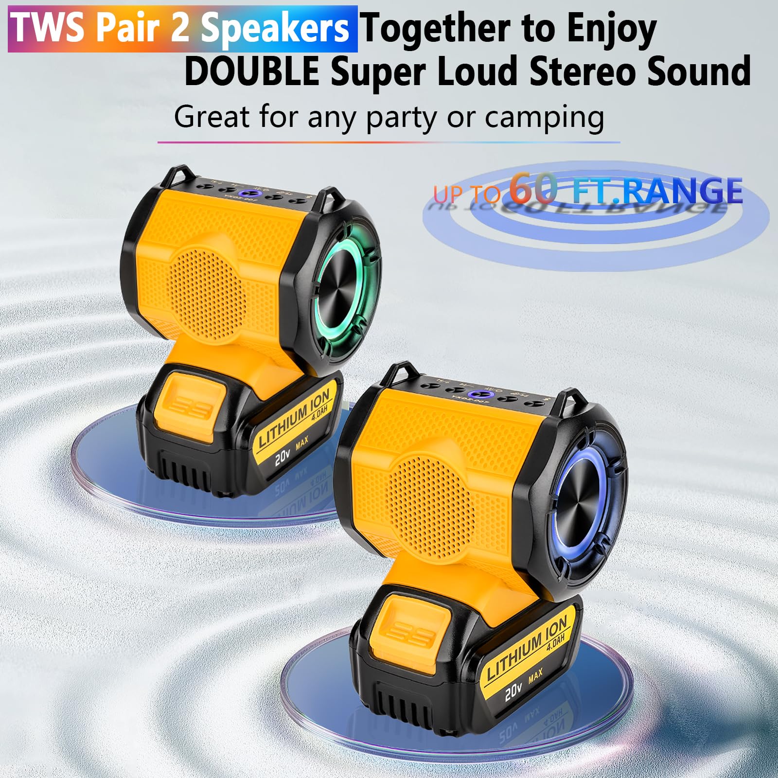 Waxpar Mini Speaker For Dewalt 20V Battery Portable Speaker Cordless Speakers 20W Loud True Wireless Stereo Speakers Hd Sound, T