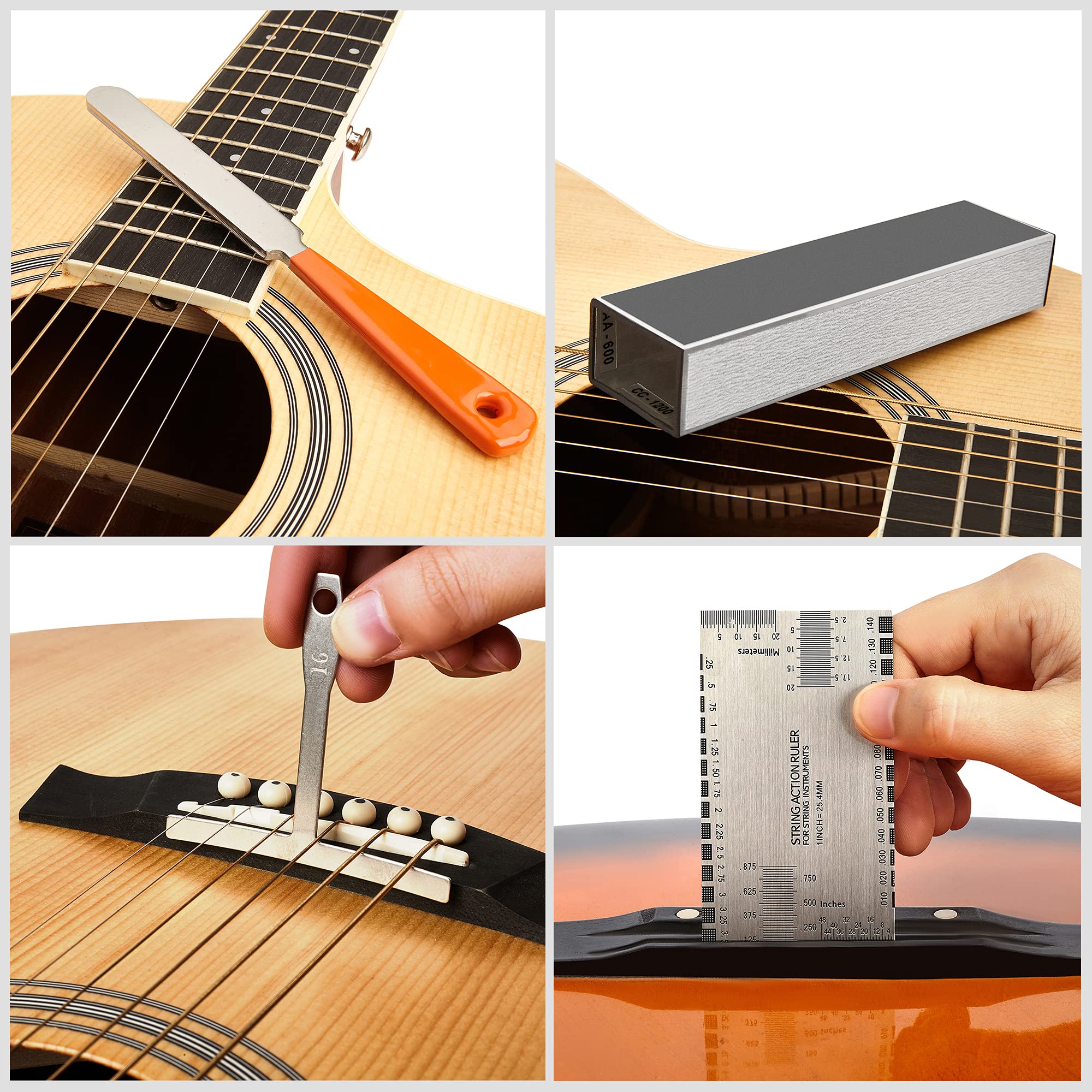 Miecoo 19Pcs Guitar Repair Tool Kit With 8 Inch Guitar Fret Leveling Beam, 9 Understring Radius Gauge, Fret Crowning File, Strin