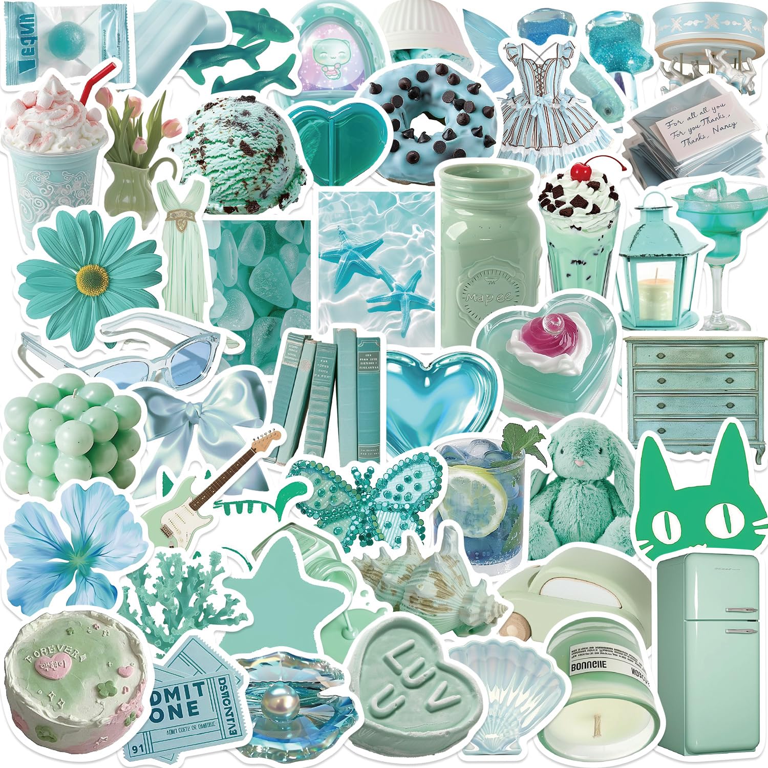 Yoksas 50Pcs Cute Mint Green Stickers   Waterproof Vinyl Vsco Aesthetic Boys Girls Stickers For Headphone,Computer,Guitar,Luggag