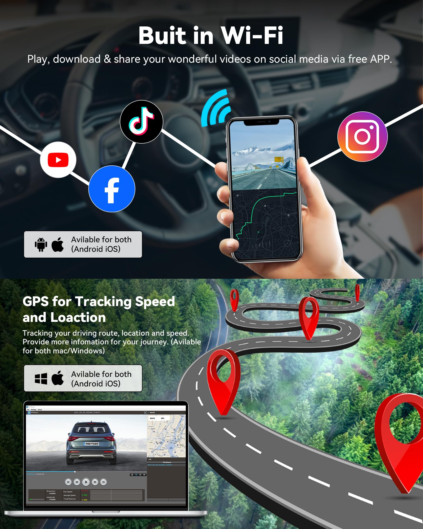 Redtiger Dash Cam For Cars,4K Uhd 2160P Car Camera Front, Wi Fi Gps,3.18 '' Lcd Screen,Night Vision,170 Wide Angle,Wdr,24H Parki