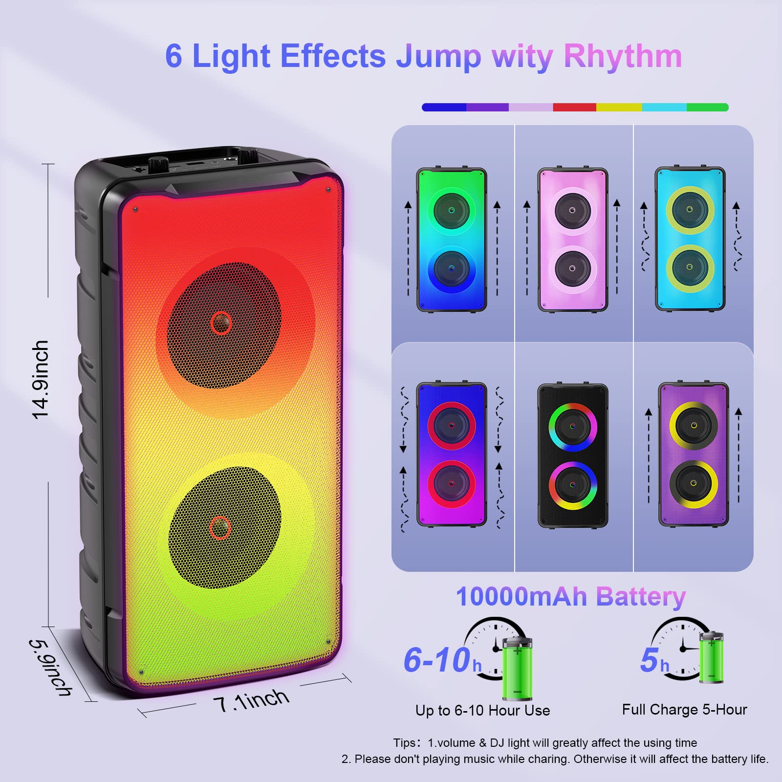 Bluetooth Speakers, 60W(80W Peak) Portable Loud Wireless Stereo Speaker With Rich Bass, Bluetooth 5.0, Fm Radio, Colorful Light,