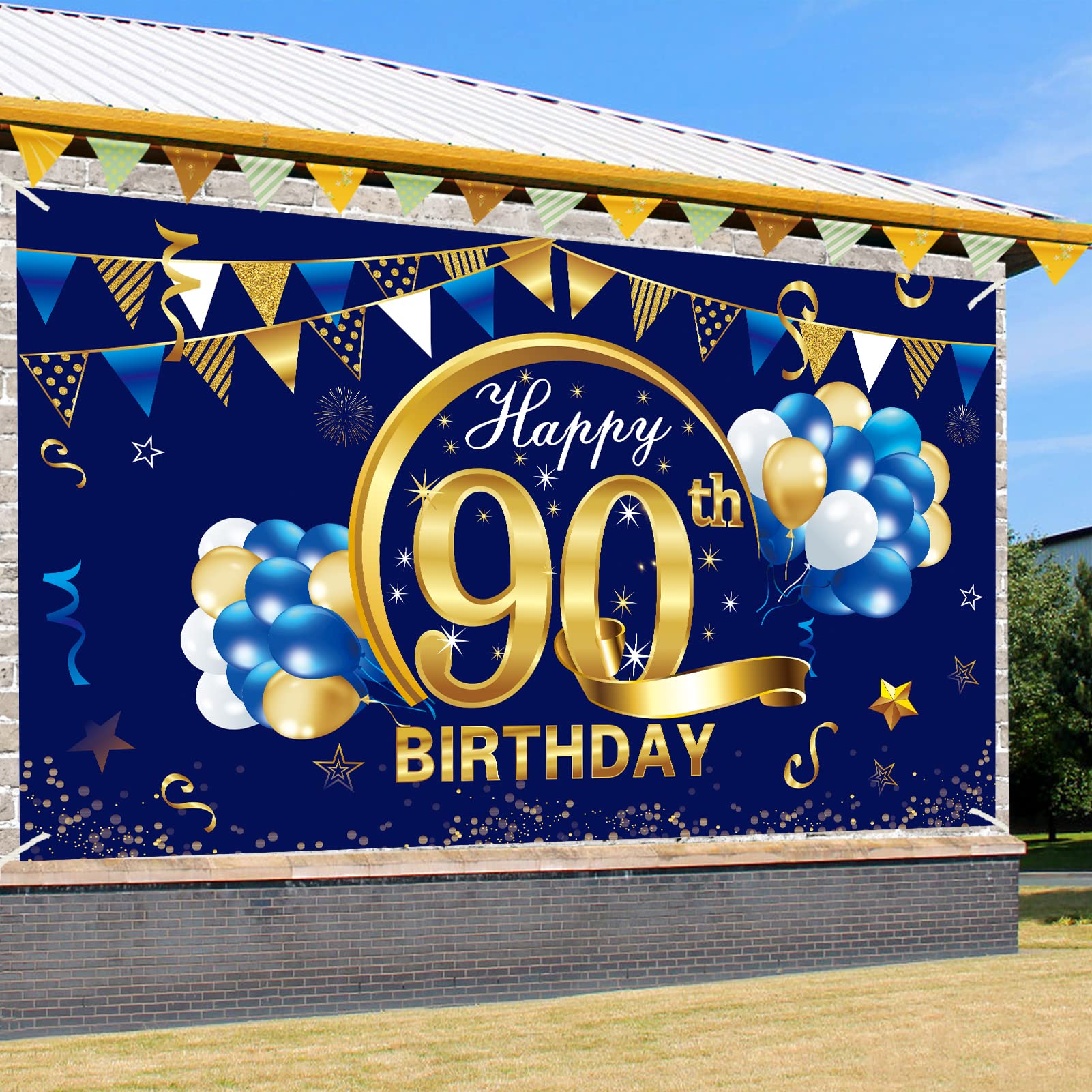Kauayurk Happy 90Th Birthday Banner Decorations For Men   Blue Gold 90 Backdrop Party Supplies Year Old Photo Background Sign De