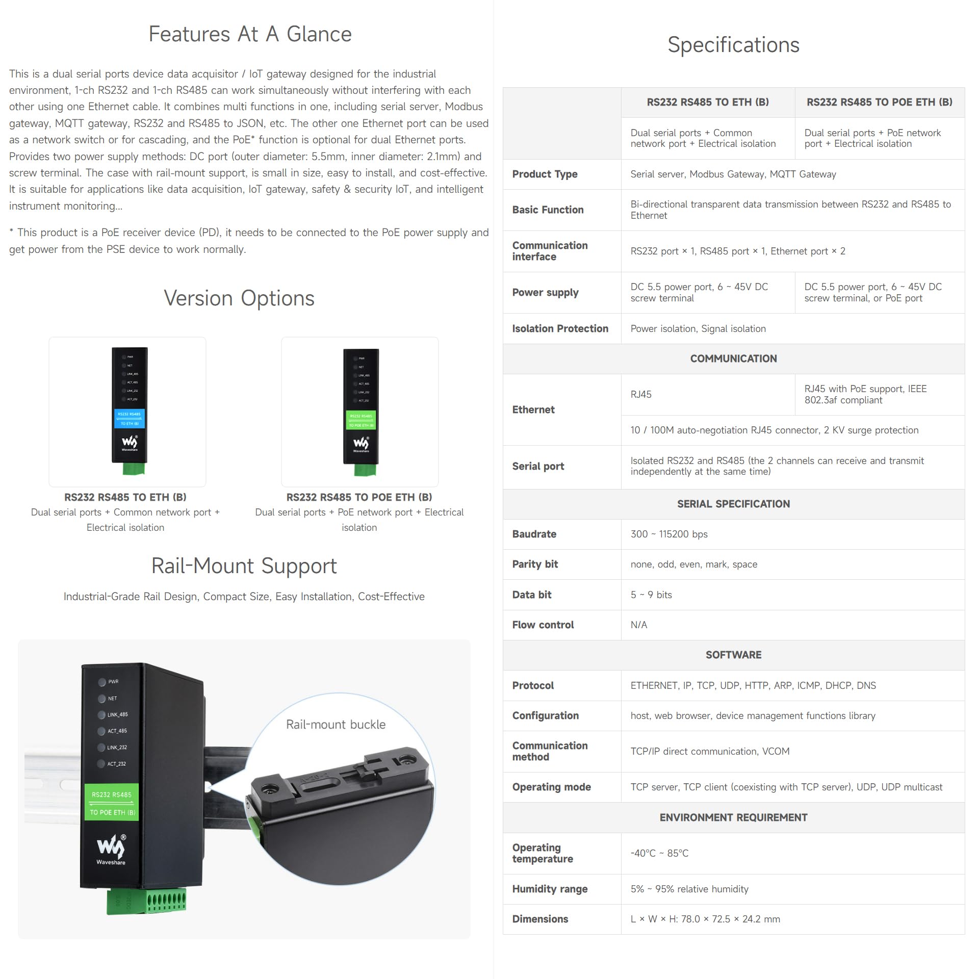 Waveshare Rs232 Rs485 To Rj45 Ethernet Serial Server, Rs232 And Rs485 Dual Channels Independent Operation, Dual Ethernet Ports,