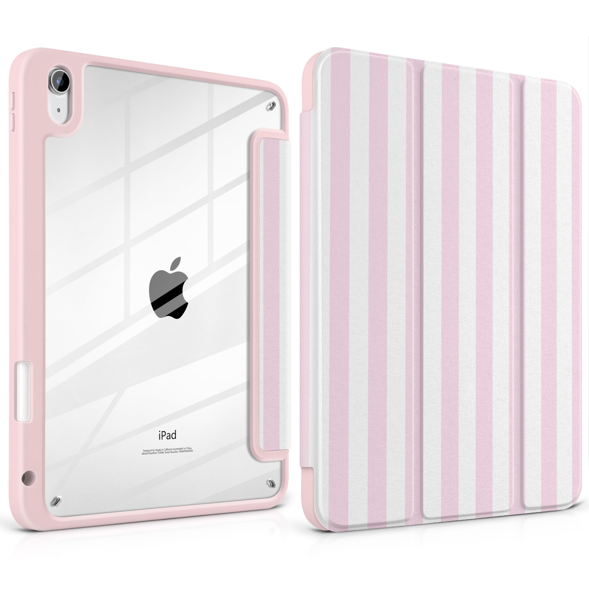 Loyrina Case for iPad Air 11 inch M3 2025 M2 2024 Release with Pencil Holder - Cute Pink White Striped Trifold Cover with Clear 