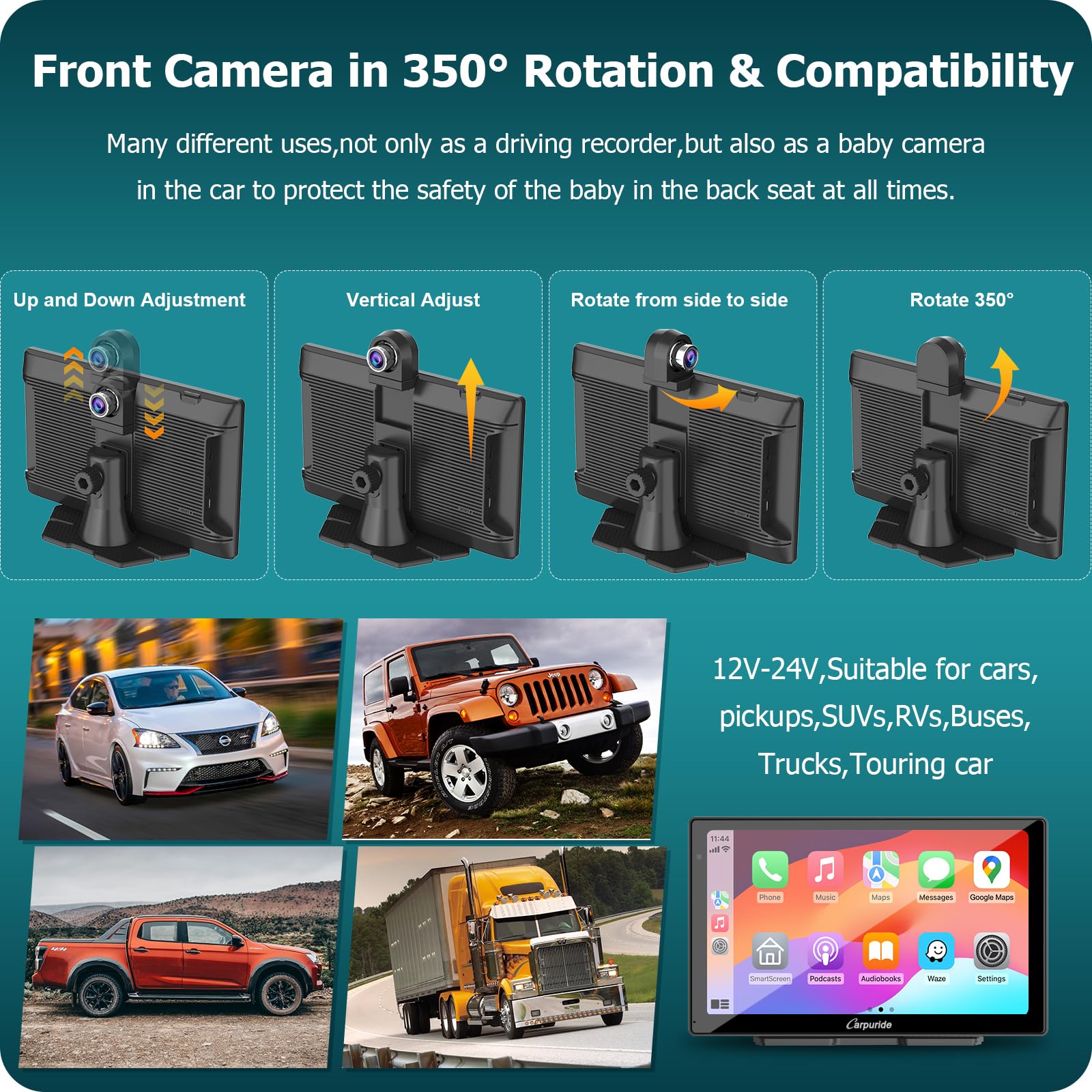 Carpuride W905 Portable Carplay & Android Auto, 9'' Touch Carplay Screen For Car, 4K Dash Cam,1080P Backup Camera, Car Play Navigation With Mirror Link/Siri/Fm/Bluetooth/Light Sensor