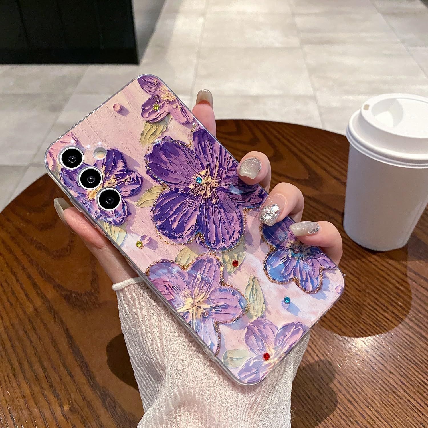 LeLeYun Case for Samsung Galaxy A55 5g, Retro Oil Painting Printed Flower Cute Pattern with Glitter Gem Phone Cover Durable TPU 