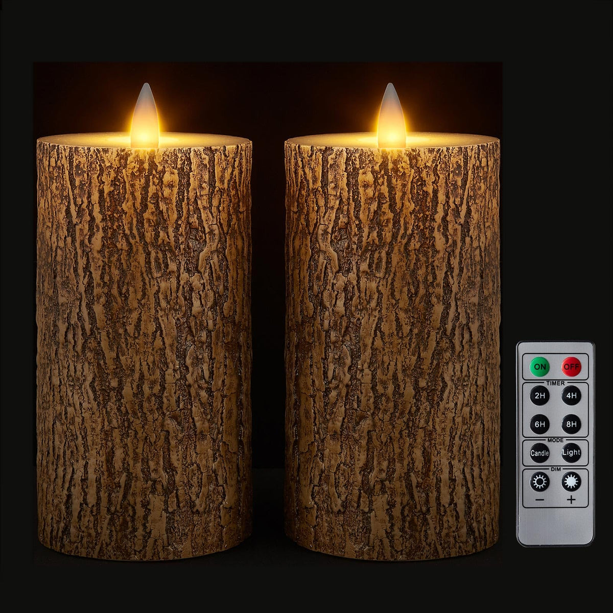 Cozierglow Brown Bark Wax Flameless Pillar Candles With Remote Timer, 3D Moving Flame Led Candles Up To 400 Hours With 2Aa Batte