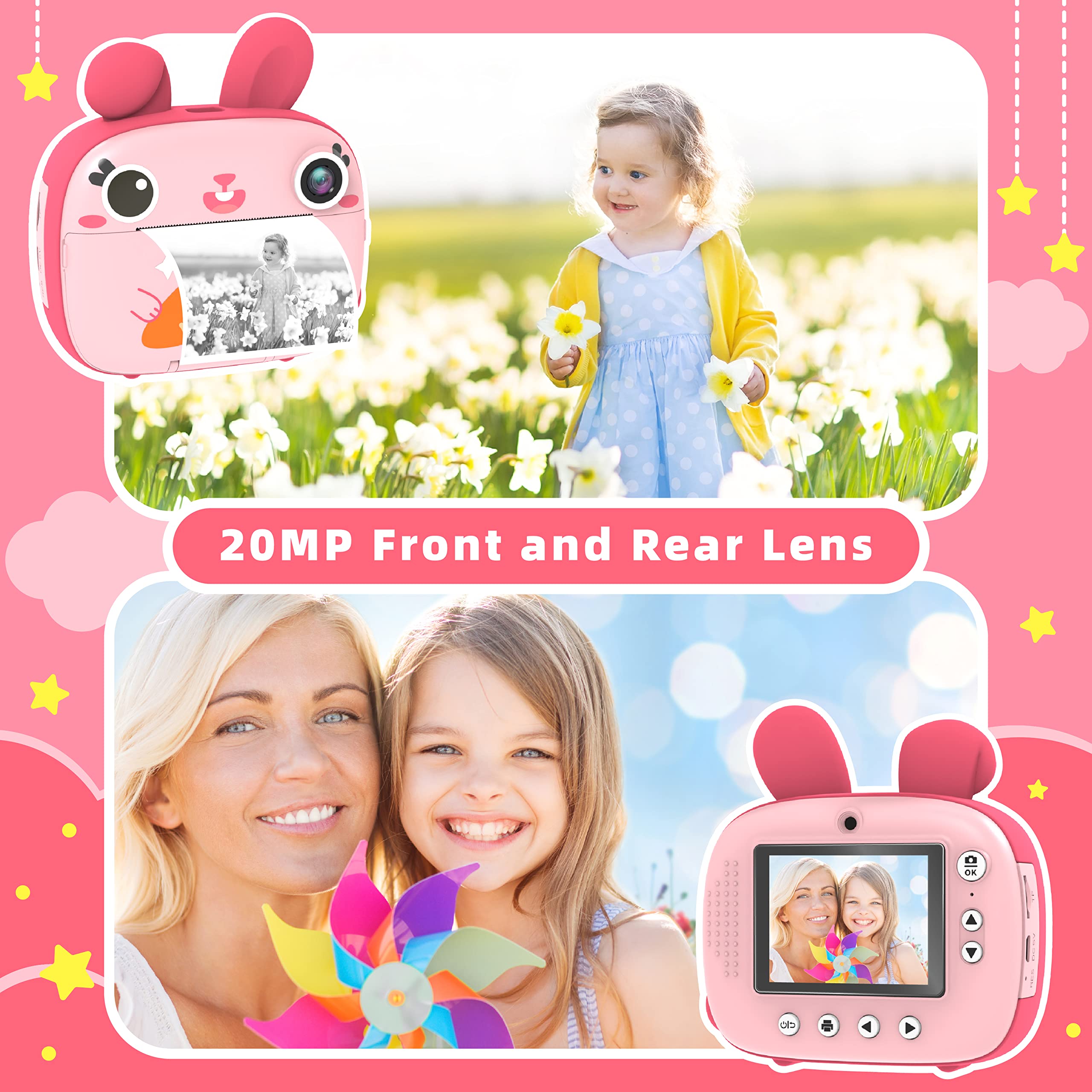 Camclid Instant Camera For Kids, 2.5K Kids Camera Instant Print With No Ink Print Paper & 32G Card,Selfie Digital Camera & 1080P