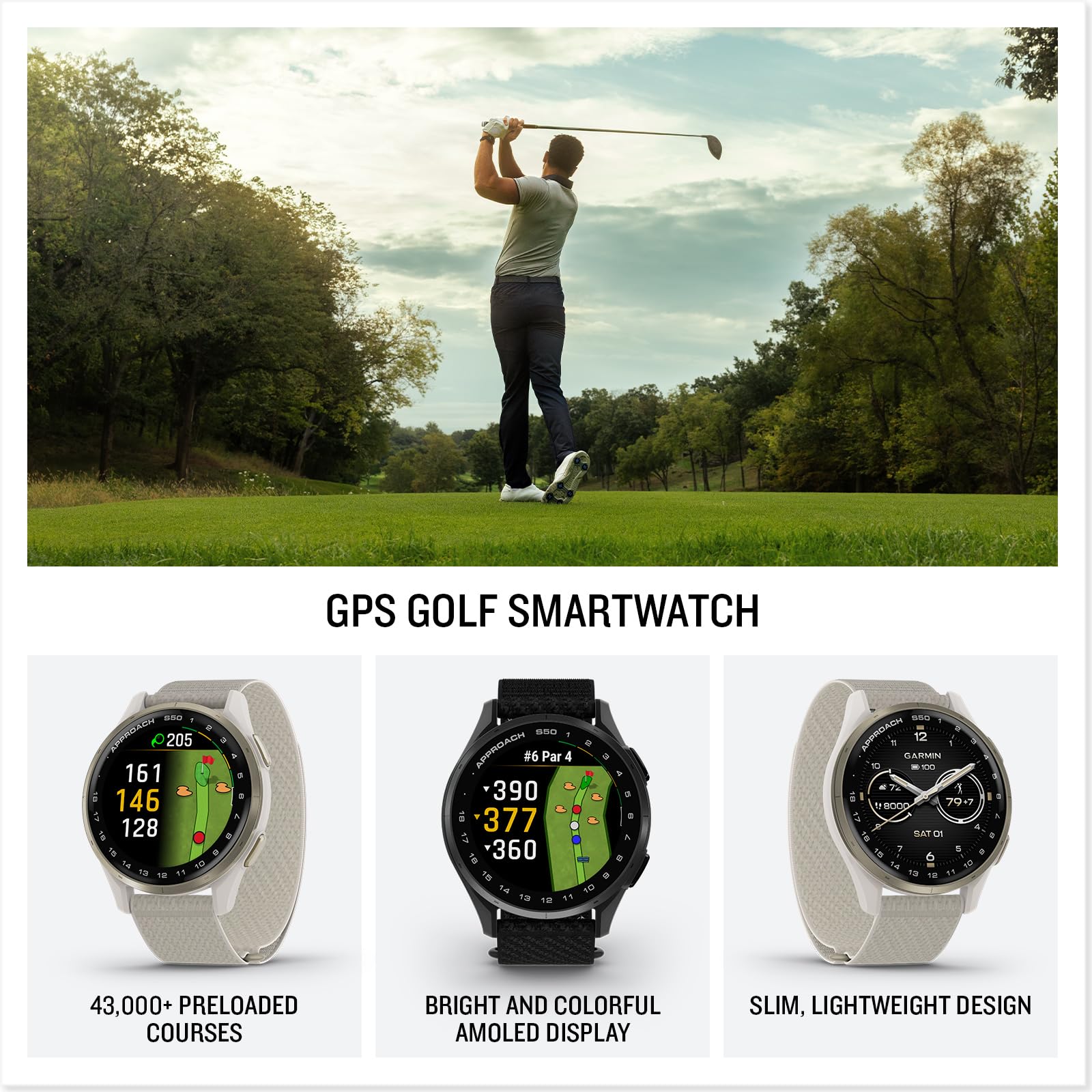 Garmin Approach S50, Advanced Golf Gps Smartwatch, Amoled Display, On-Course Features, Wrist-Based Heart Rate, Slate Aluminum Be