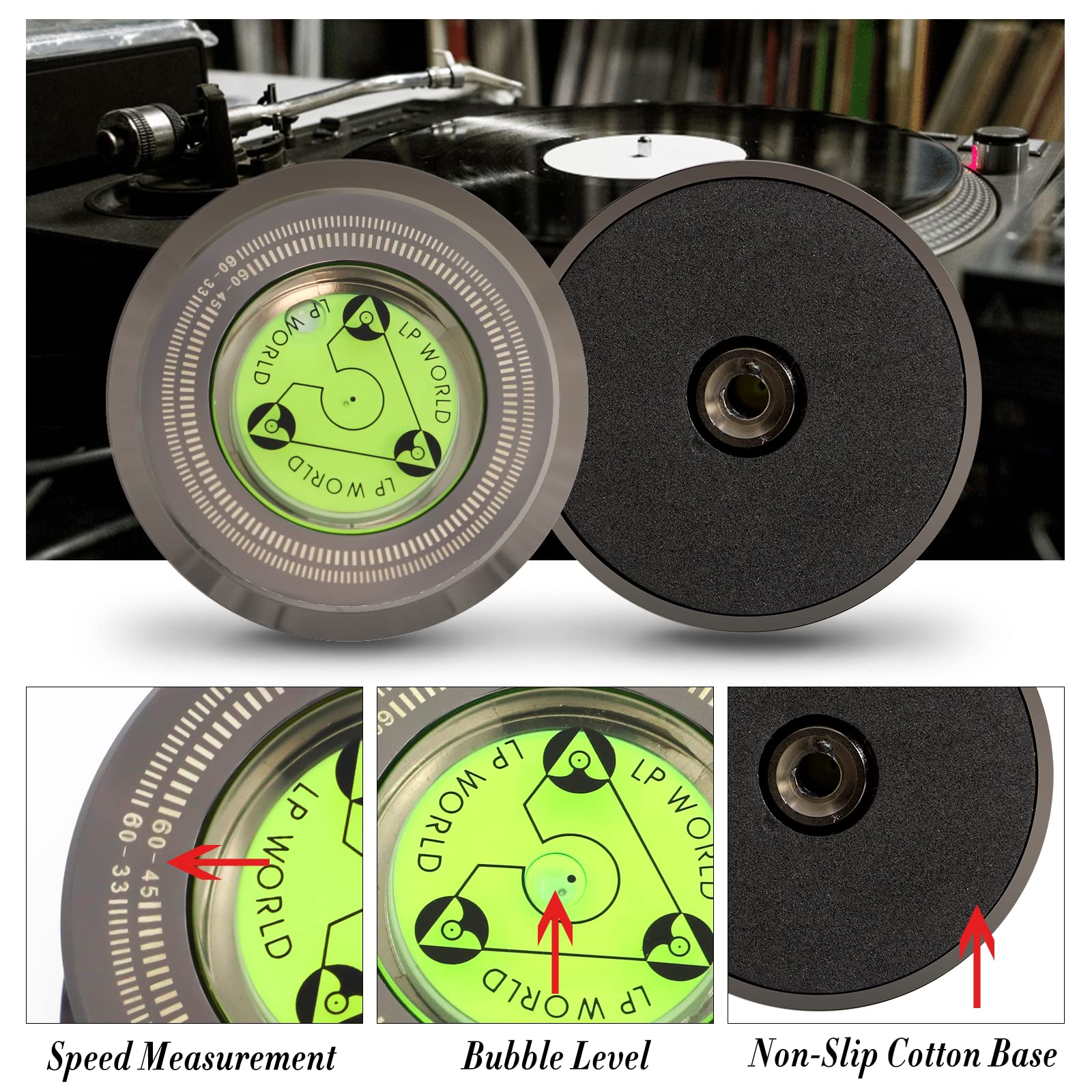Kozyone Record Weight Stabilizer, Turntable Disc Record Stabilizer Clamp With Bubble Level For Vinyl Lp Record Player (Chrome Bl