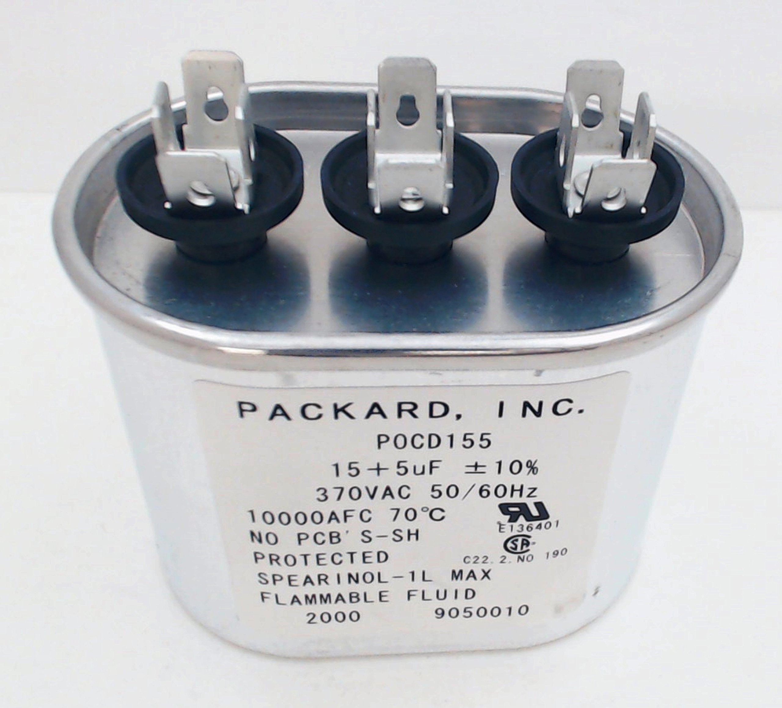 Packard Dual Run Capacitor, Oval, 15+5 Mfd., 370 Volt, Pocd155, 15/5 370
