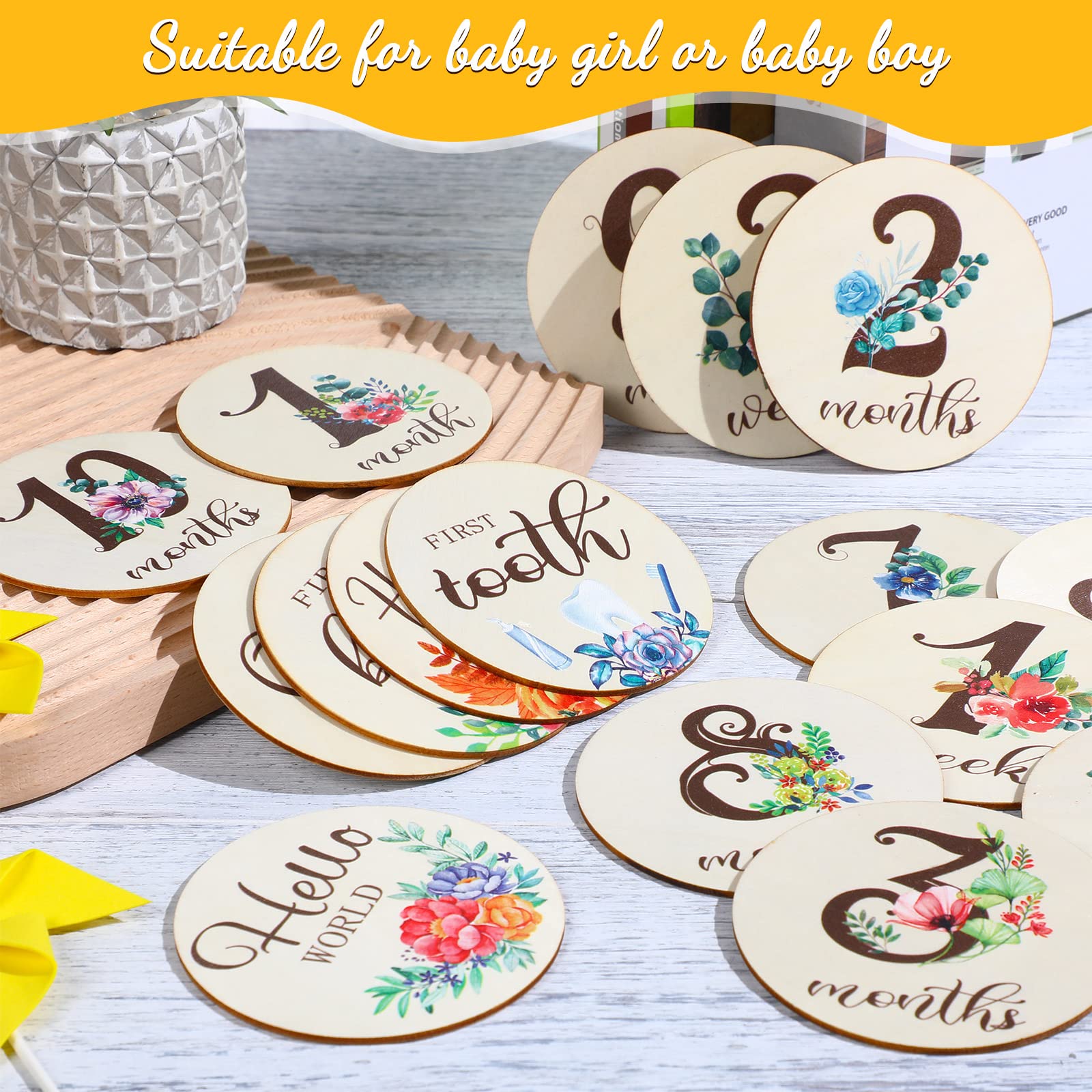 16 Pieces Wooden Baby Monthly Milestone Cards Baby Monthly Milestone Marker Discs Double Sided Monthly Milestone Wooden Circles