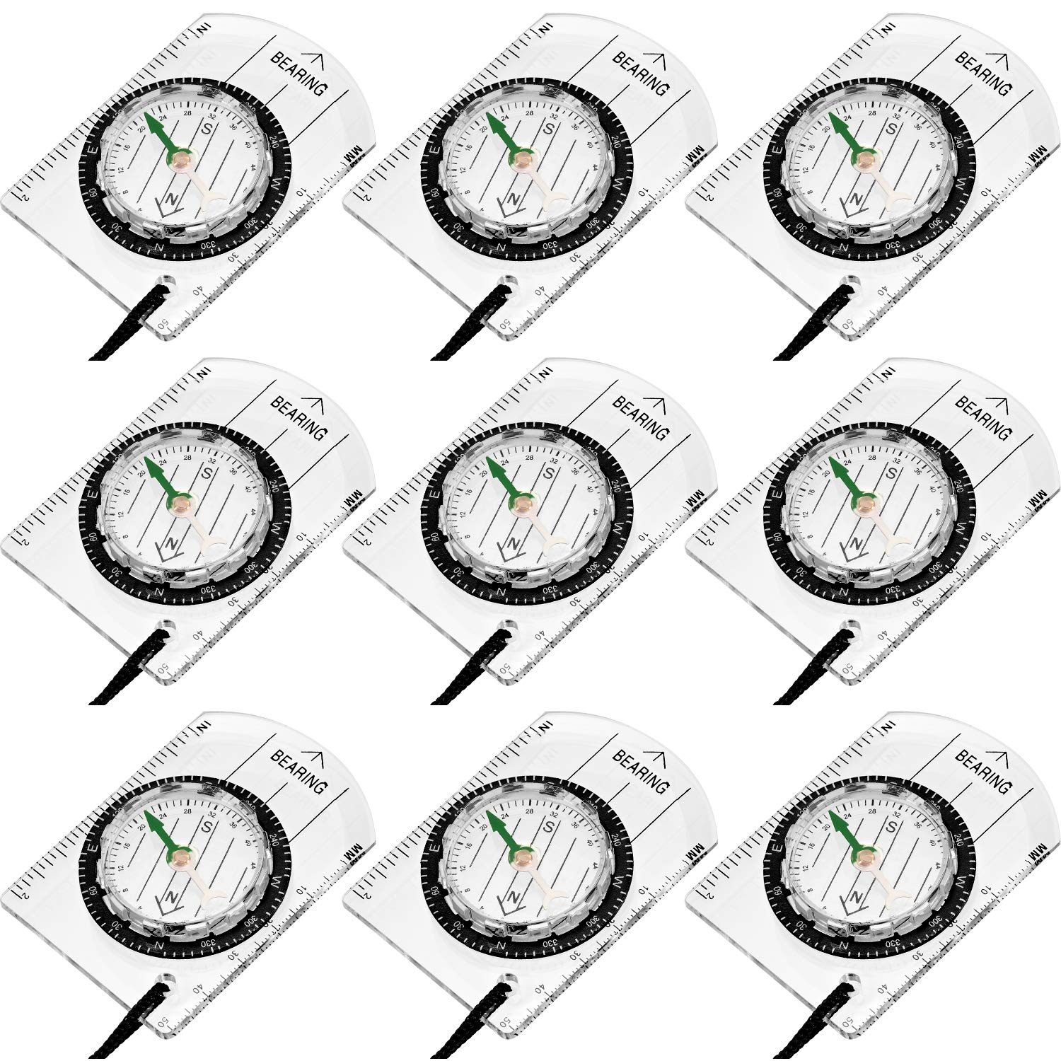 BBTO 9 Pieces Orienteering Compass Hiking Backpacking Camping Compass Map Reading Outdoor Waterproof Tool for Scout Kids Women