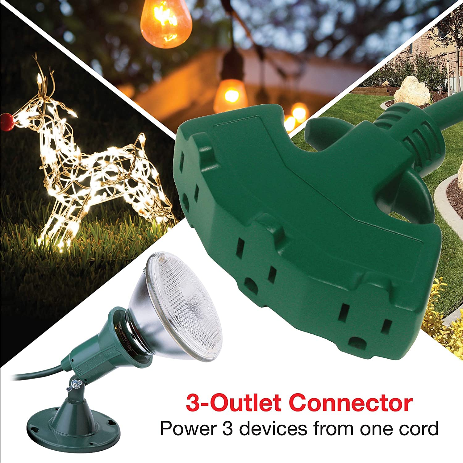 Clear Power 8 Ft 3 Outlet Lawn & Garden Outdoor Extension Cord 16/3 Sjtw, Green, Water & Weather Resistant, Flame Retardant, 3 Prong Grounded Plug, Dcoc 0210 Dc