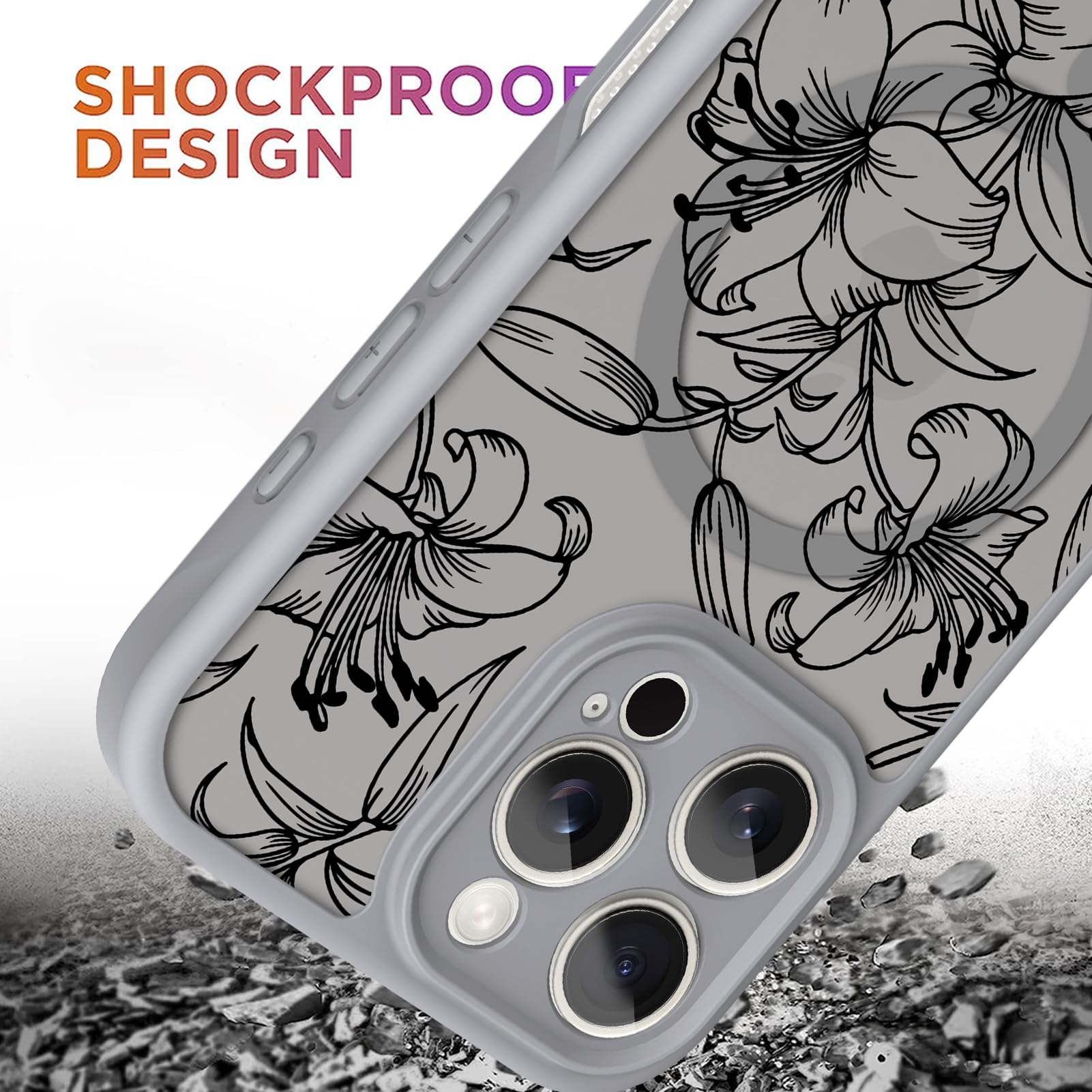 Ook Magnetic For Iphone 16 Pro Case Grey Flower Lily Pattern [Compatible With Magsafe] Slim Translucent Matte Camera Lens Protec