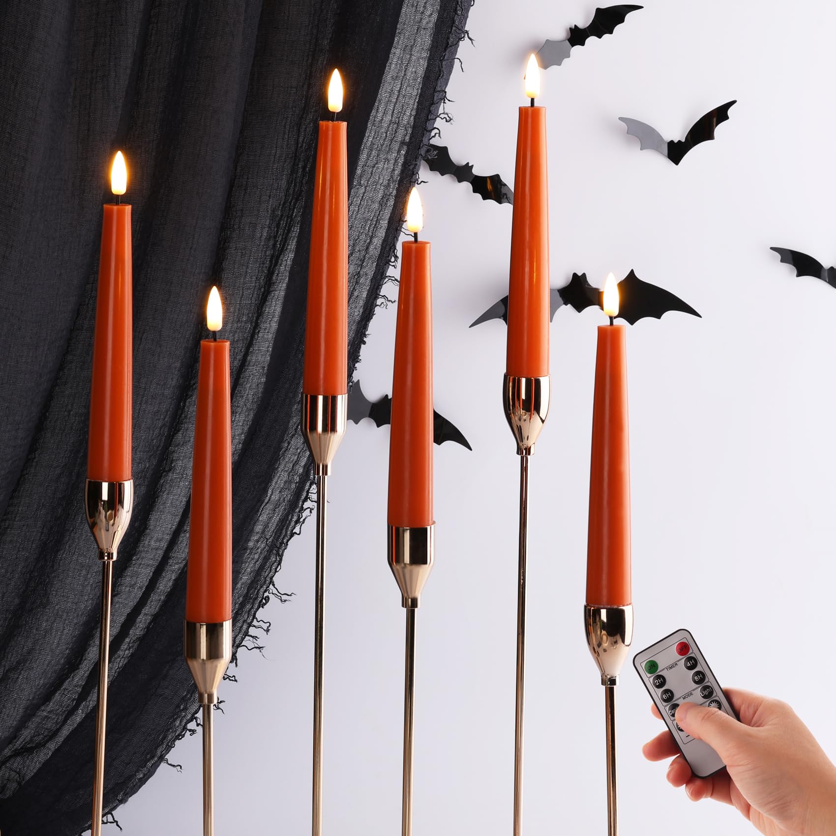 Eywamage Short Orange Flameless Taper Candles With Remote, Flickering Halloween Fall Led Candlesticks Set Of 6