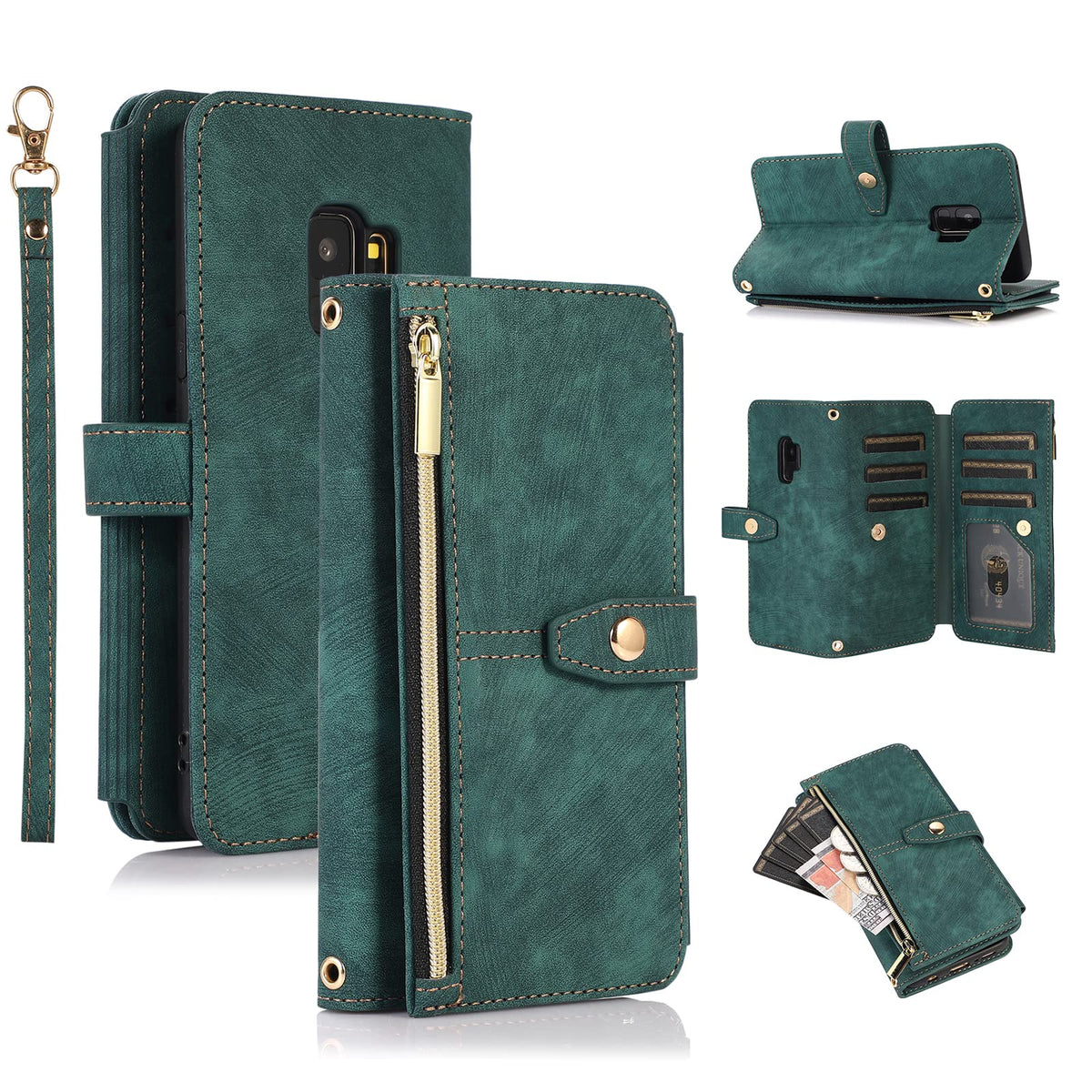Ueebai Case For Samsung Galaxy S9, 9 Card Slots Retro Leather Wallet Shockproof Flip Cover With Hand Strap Card Slots Zipper Poc
