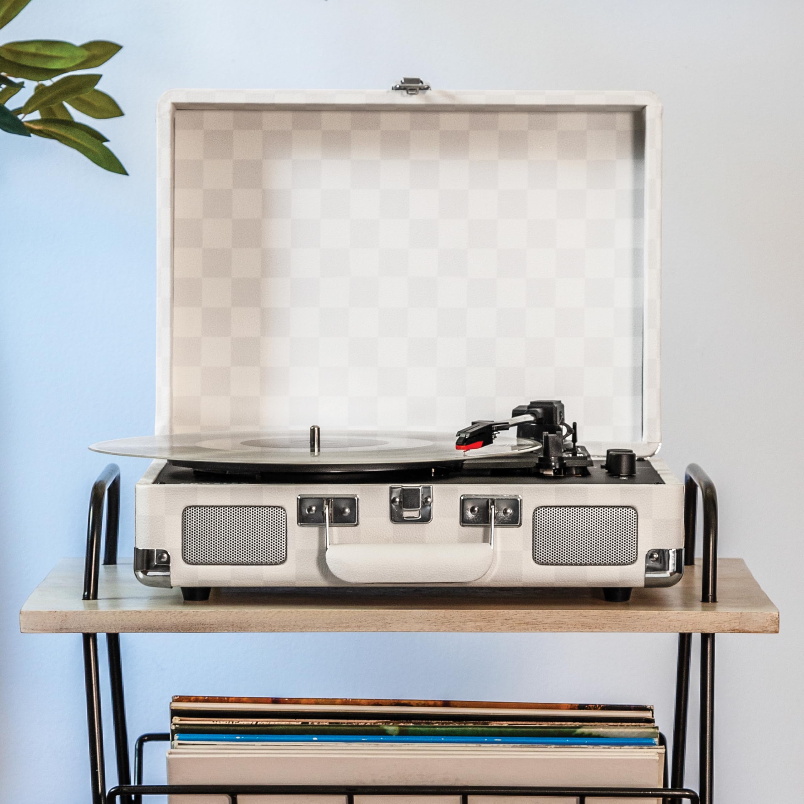 Crosley Cr8005F Ac Cruiser Plus Vintage 3 Speed Bluetooth In/Out Suitcase Vinyl Record Player Turntable, Almond Checkerboard