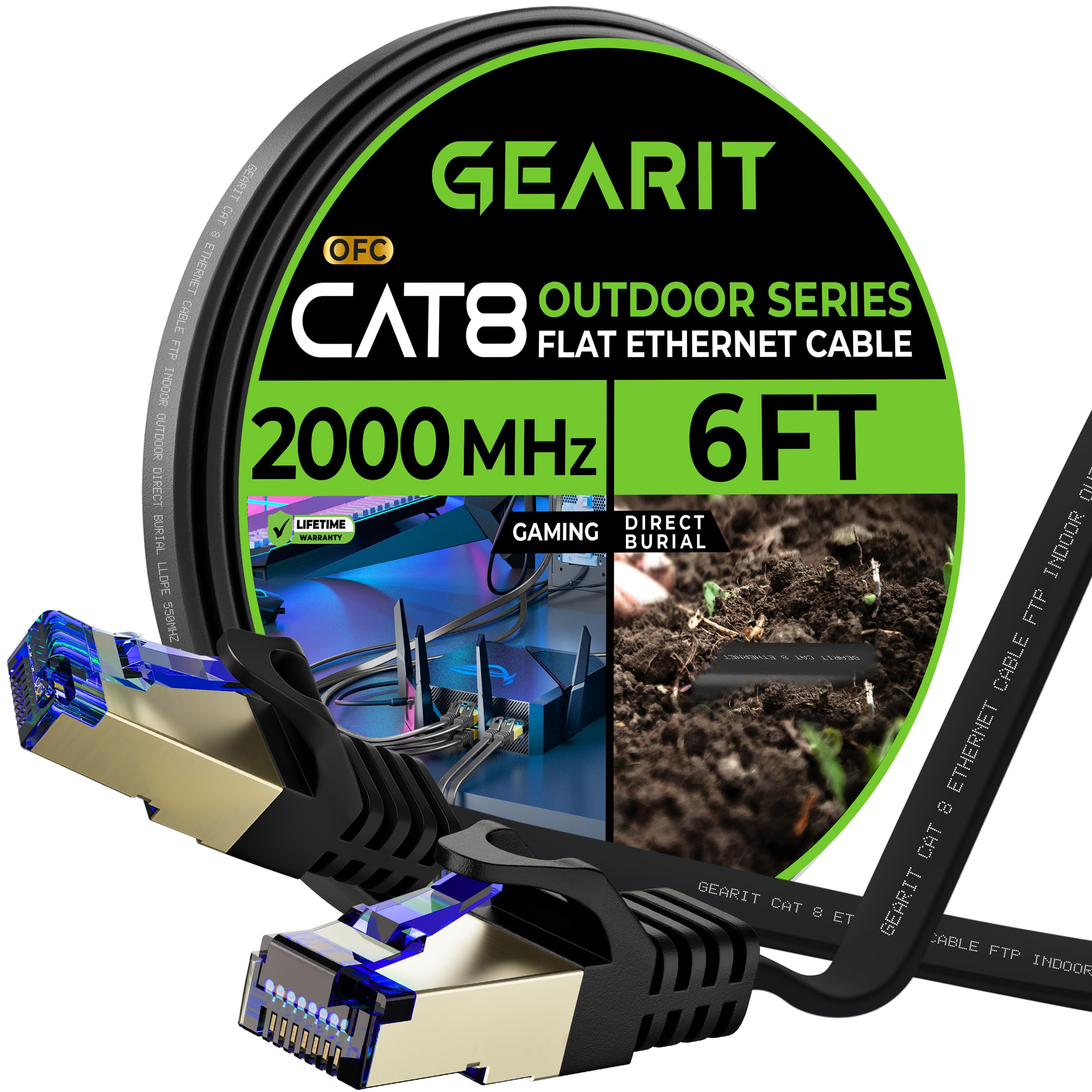 Gearit Cat 8 Outdoor Flat Ethernet Cable (6Ft, Black) Direct Burial Rated Lldpe Jacket   Indoor Cat8 Shielded Ftp 2000Mhz 40Gbps