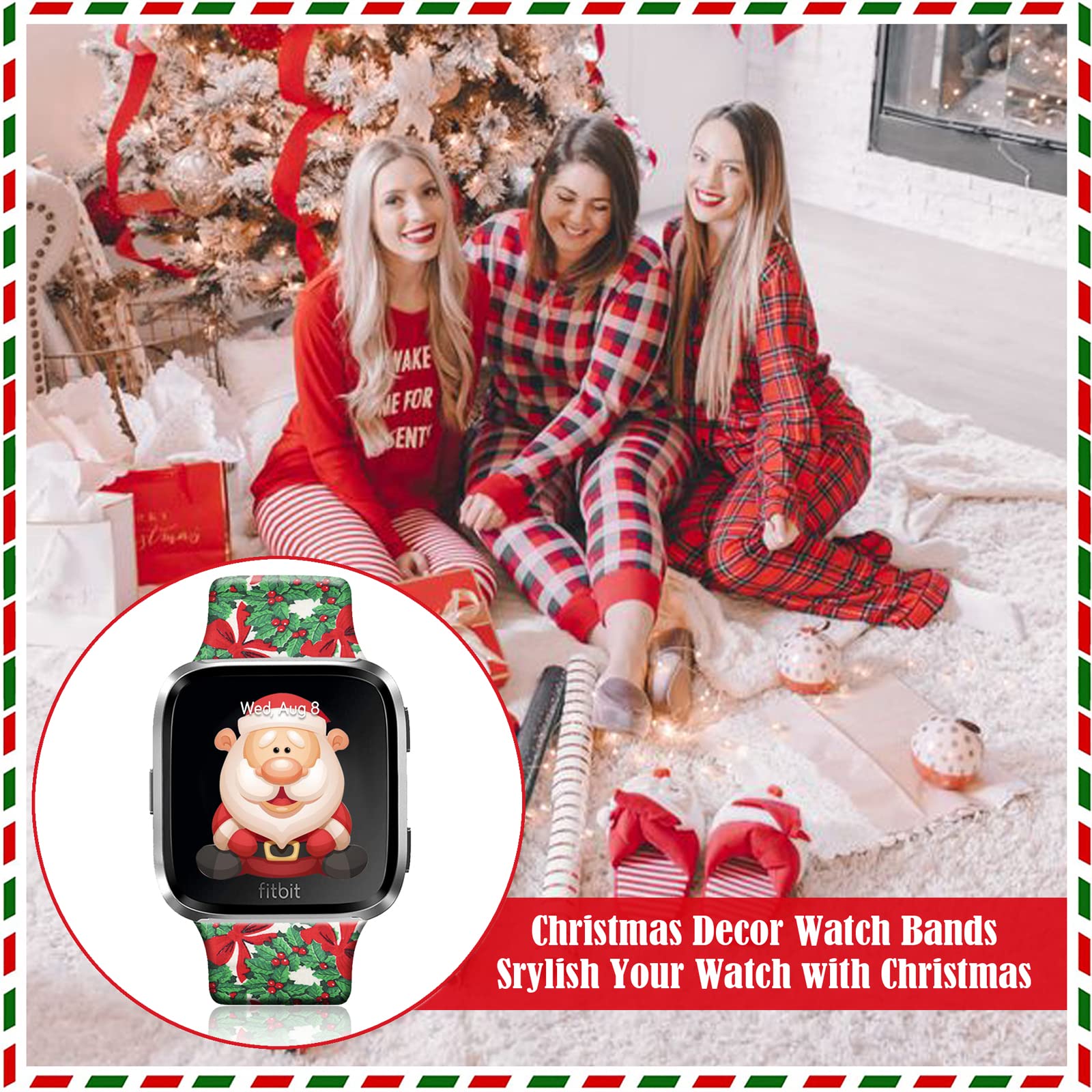 Ftfcase Christmas Silicone Sport Bands Compatible With Fitbit Versa/Versa 2, Decorative Wreath Printed Soft Silicone Strap Repla