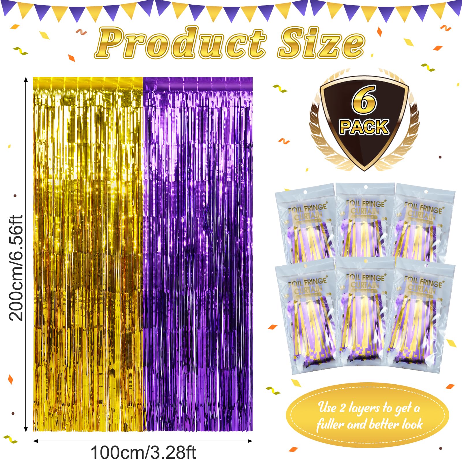6Pack 3.3Ft X 6.6Ft Graduation Foil Fringe Curtain Backdrop Decorations, Purple Gold Metallic Tinsel Foil Streamers Curtain Phot