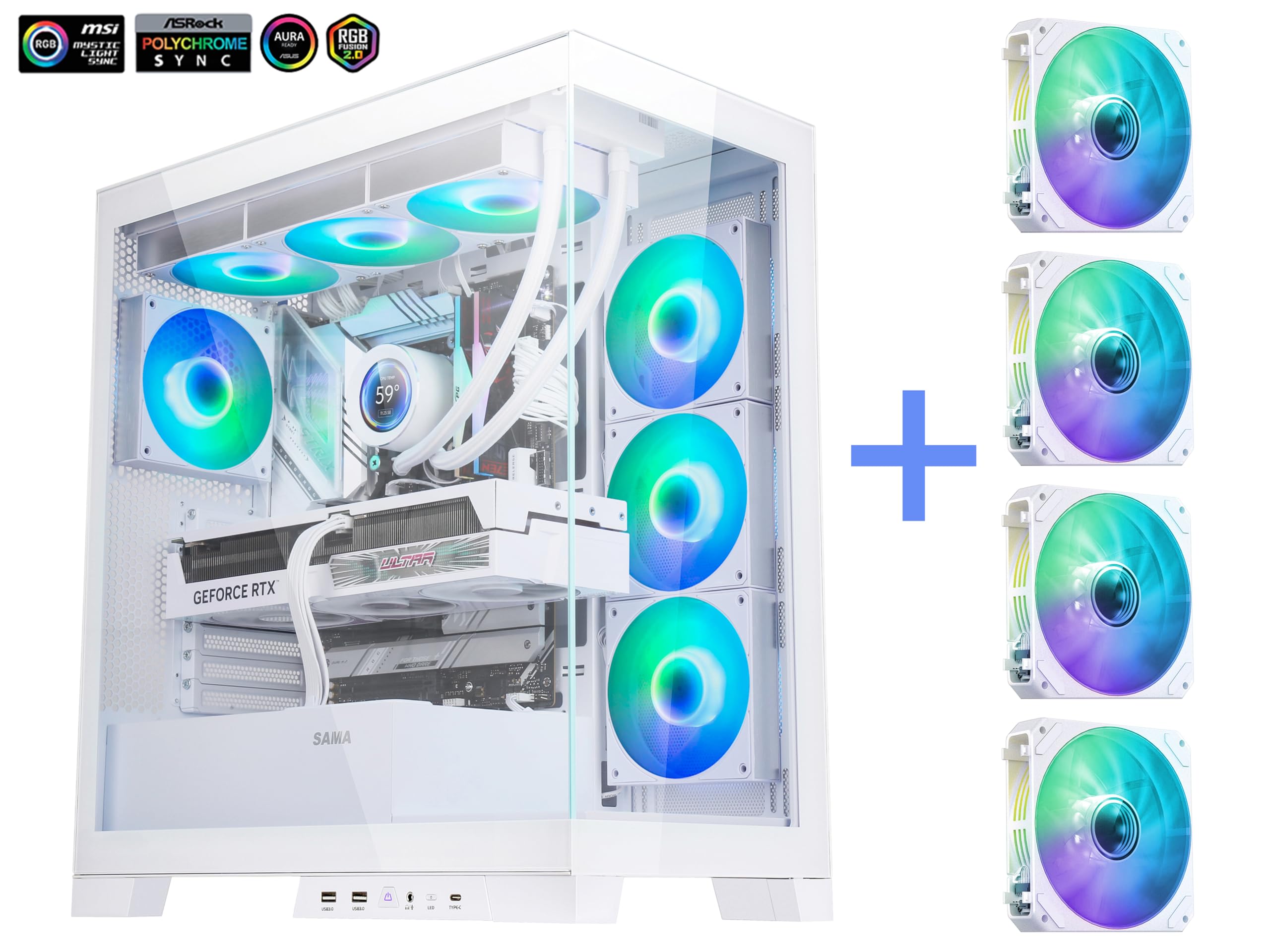 Sama Neview 4503 White Airflow Full Tower Case Atx Pc Gaming Case Dual Tempered Glass 4X12Cm Argb Fan Pre Install Usb3.0X2 Type