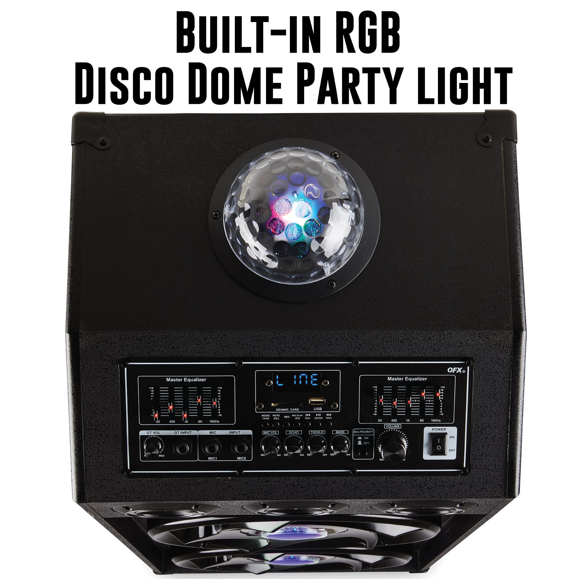 Qfx Sbx 412207Bt Tws Bluetooth Cabinet Speaker With Dual 12' Woofers, Led Party Lights, Fm Radio, Usb/Tf Card Ports, Aux Input, Blue