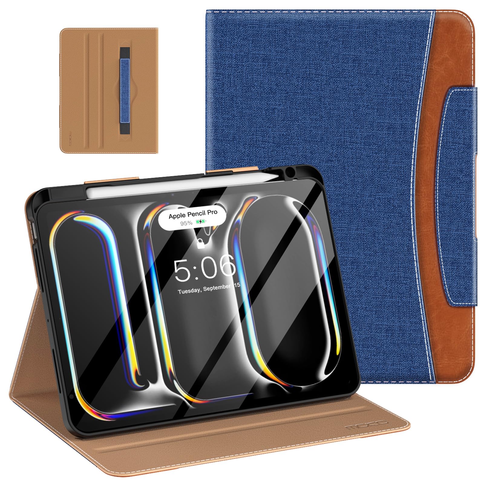 MoKo Case for iPad Pro 11 Inch M4 2024 (5th Generation) with Pencil Holder & Pocket, Built in Hand Strap, Multi Angle Viewing, Premium PU Leather Folio Cover for iPad Pro 11 2024, Denim Blue & Brown