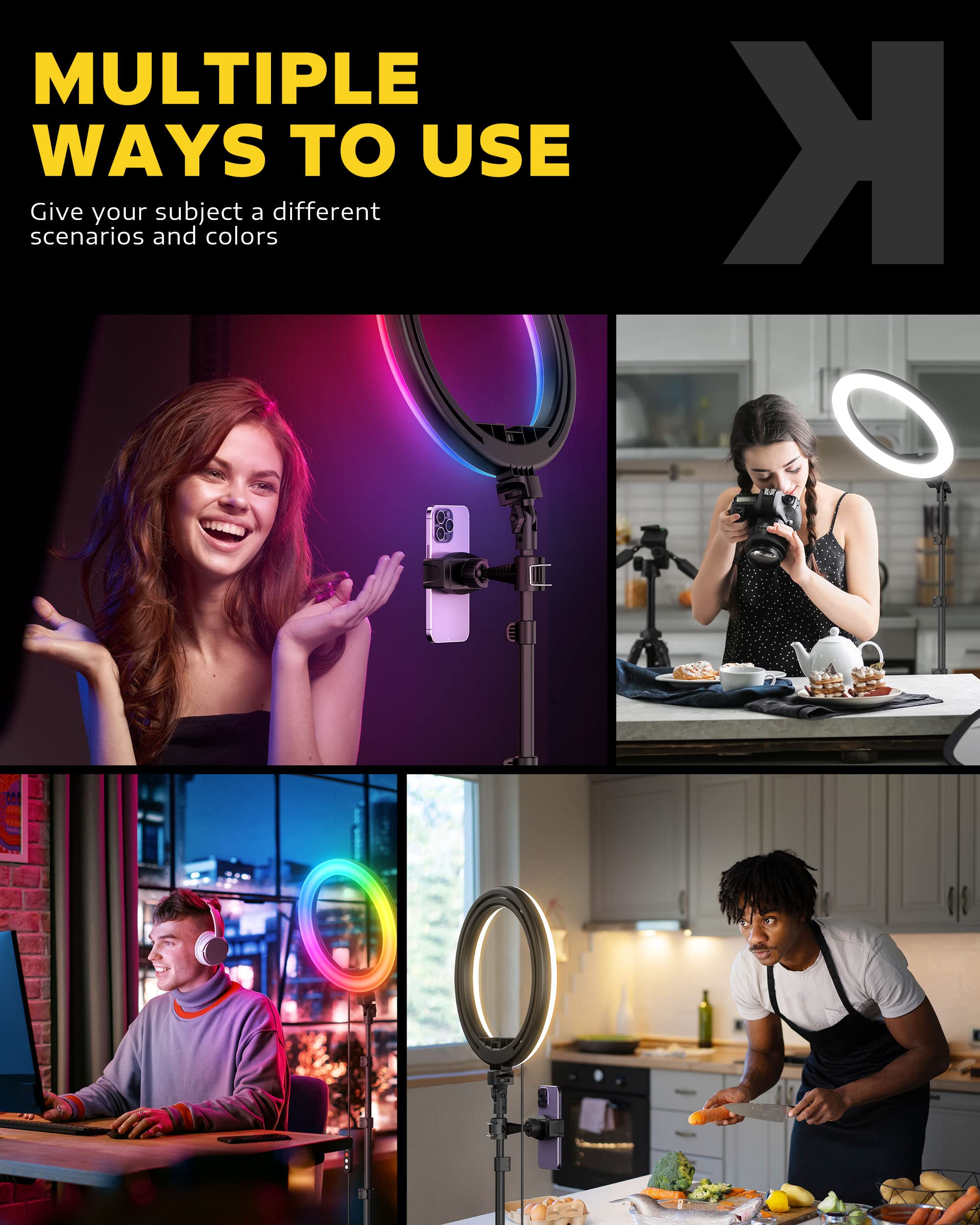 Kaiess 10.2'' Selfie Ring Light With 65'' Adjustable Tripod Stand & Phone Holder For Live Stream/Makeup, Upgraded Dimmable Led R