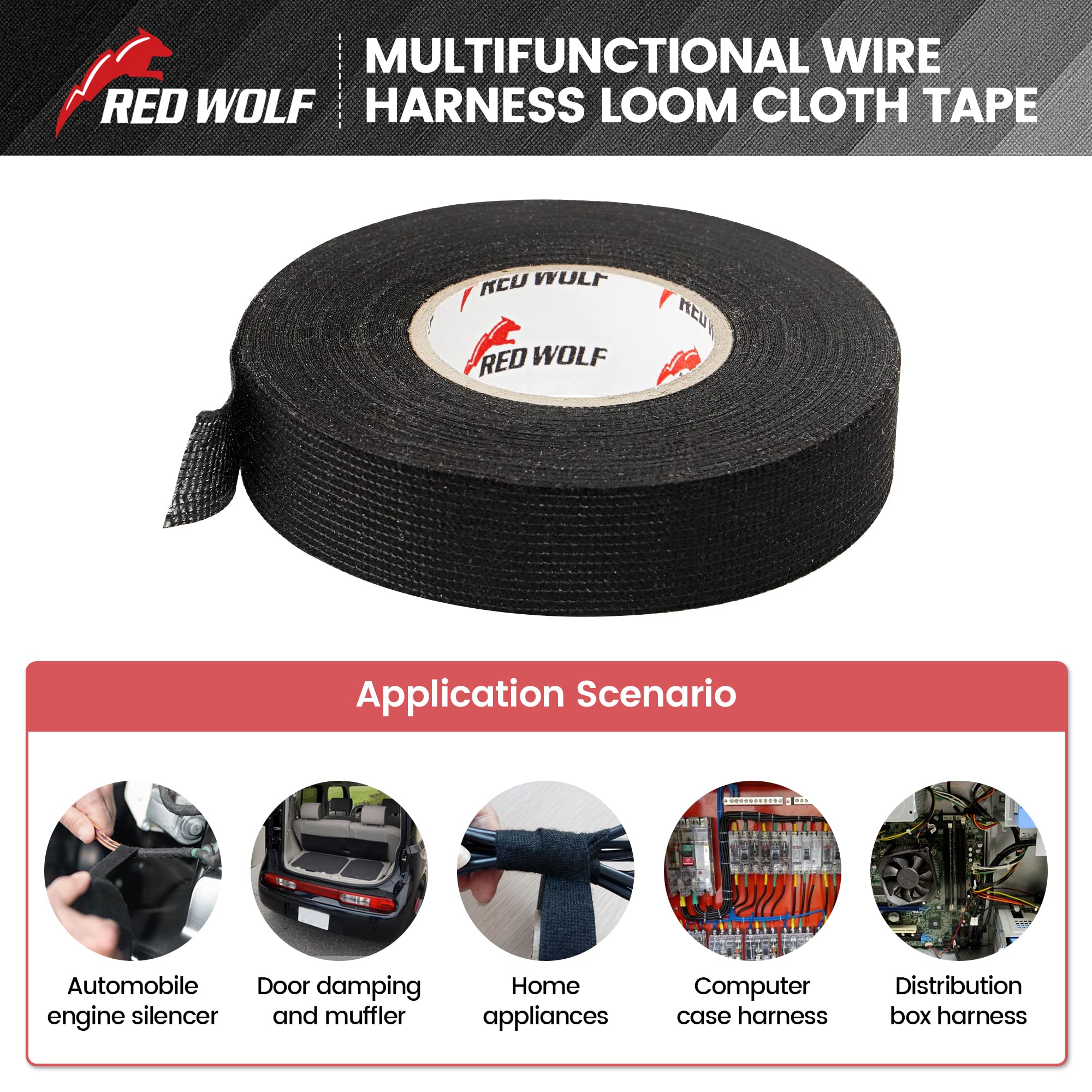 Red Wolf Electric Wiring Harness Tape 3 Rolls High Temp Self Adhesive Fabric Tape For Automobile Electrical Harness Wrap Noise Damping Protection Insulation Cable Fixed Black, 3/5 Inch X 50Ft