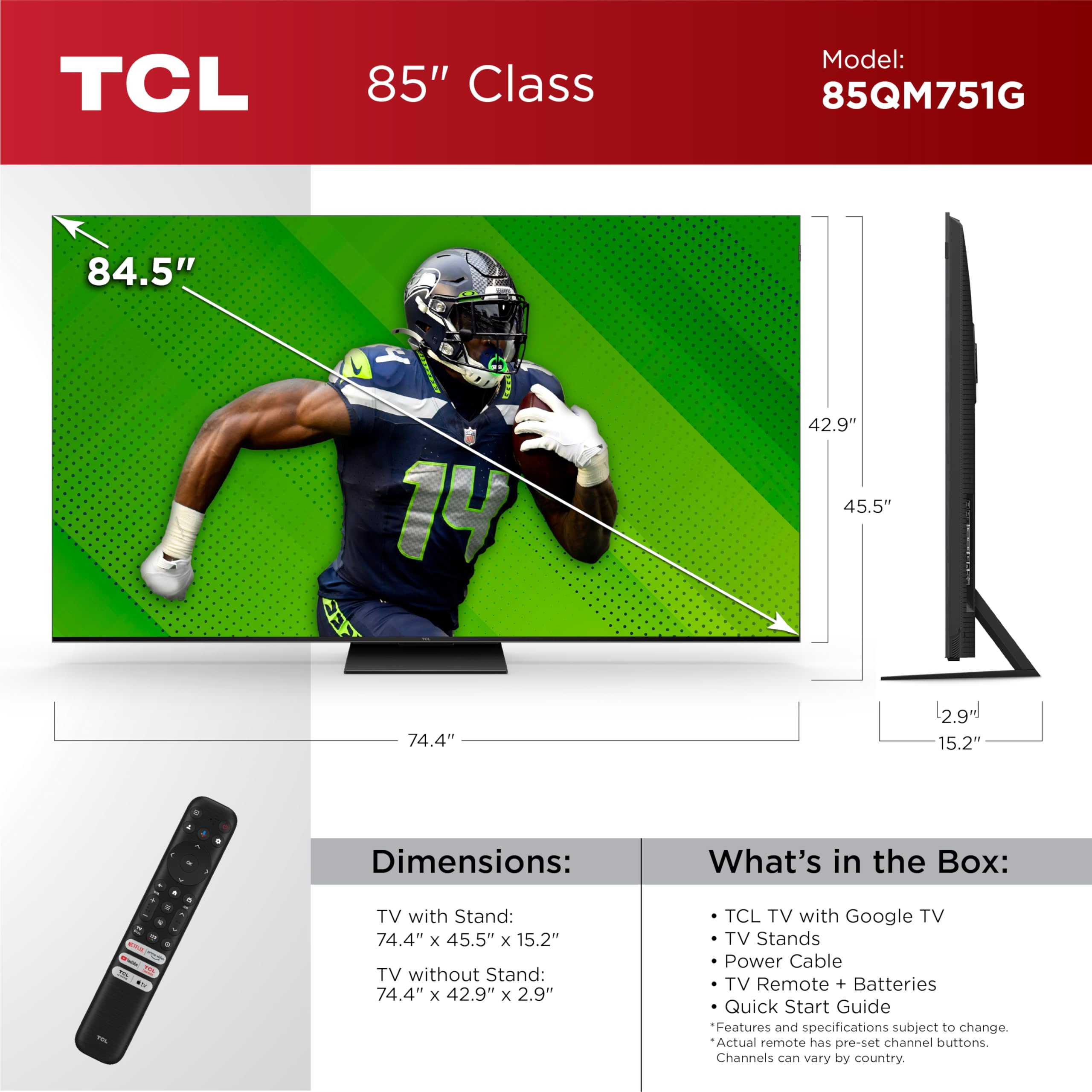Tcl 85-Inch Qm7 Qled 4K Smart Qd-Mini Led Tv With Google Tv (85Qm751G, 2024 Model) Dolby Vision Iq, Dolby Atmos, Hdr, Game Accel