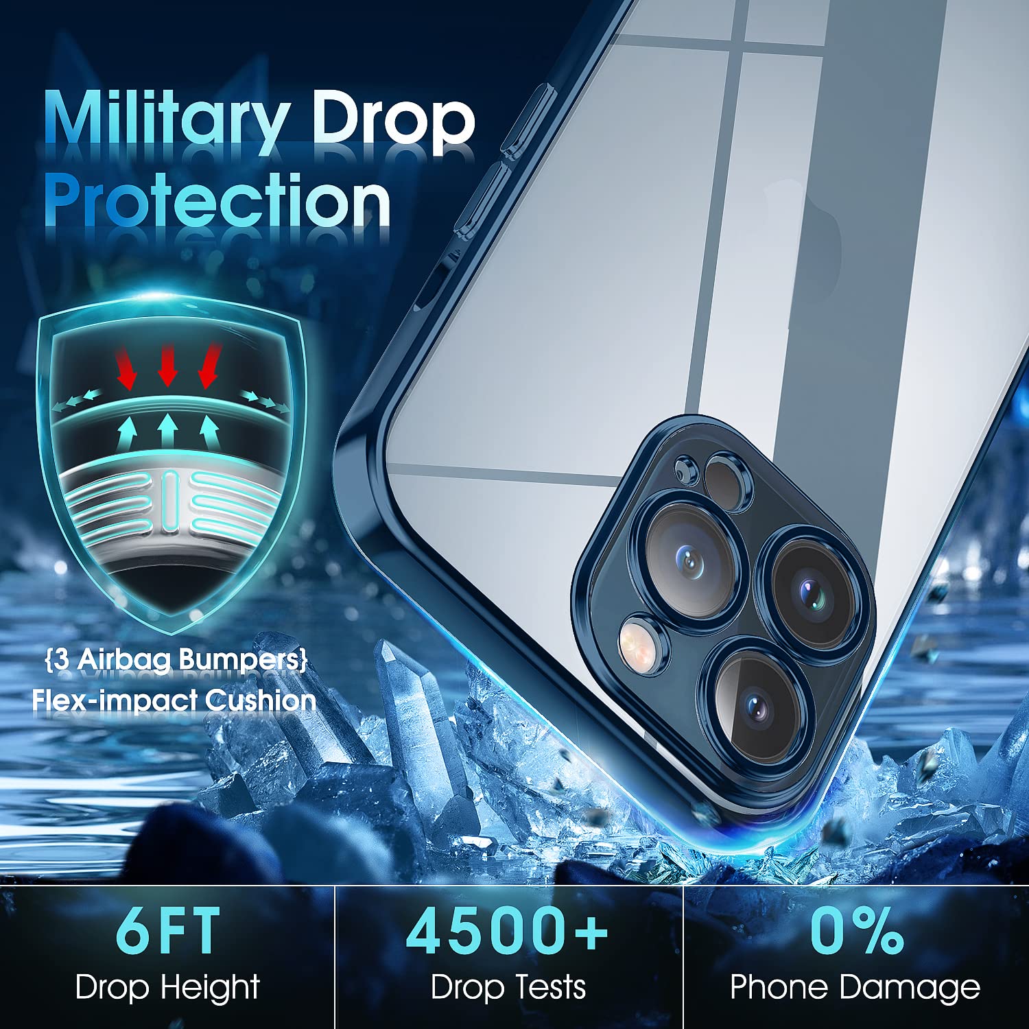 Supdeal Crystal Clear Shockproof Phone Case for iPhone 12 Pro Max Military Grade Drop Tested Silicone Blue