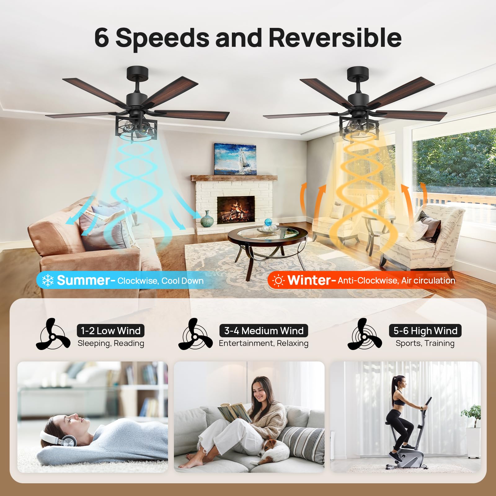 Consciot 52 Inch Ceiling Fans With Lights Remote, Modern Farmhouse Caged Ceiling Fan, Reversible Motor, 5 Double Finish Wood Bla