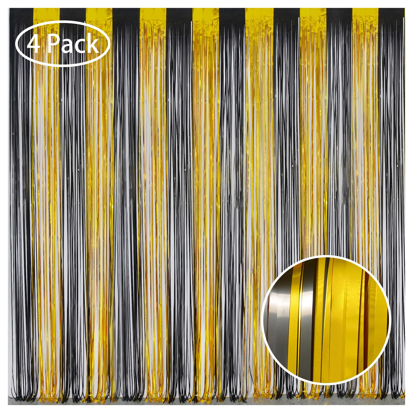 Melsan Black And Gold Party Streamers Decoration   3.2Ft X 8Ft Glitter Foil Fringe Curtain For New Year Eve, Anniversary, Retire