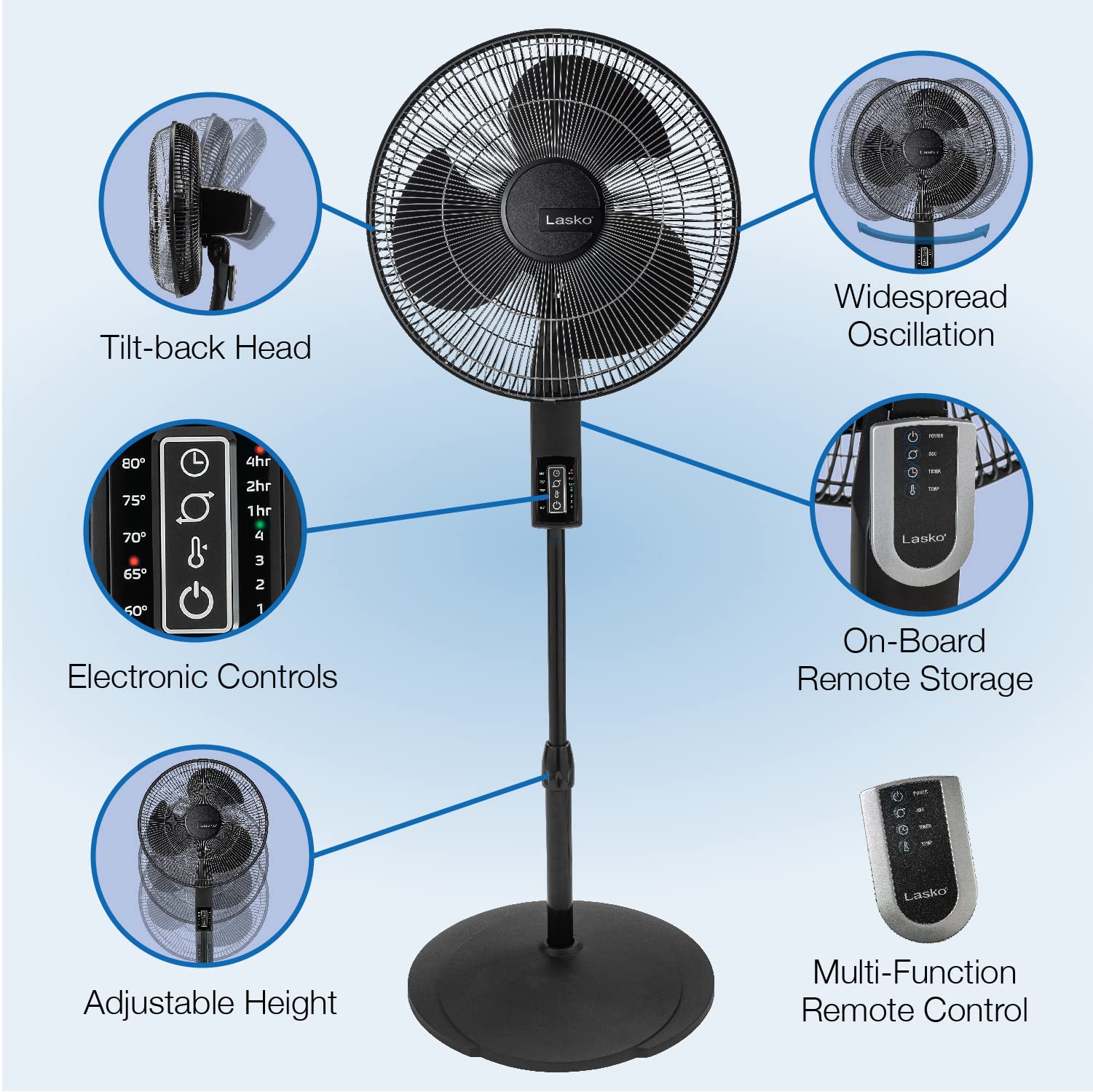 Lasko Oscillating Pedestal Fan, Thermostat, Adjustable Height, Remote Control, Timer, 4 Speeds, For Bedroom, Living Room, Office & Dorm, 16', Black, S16612