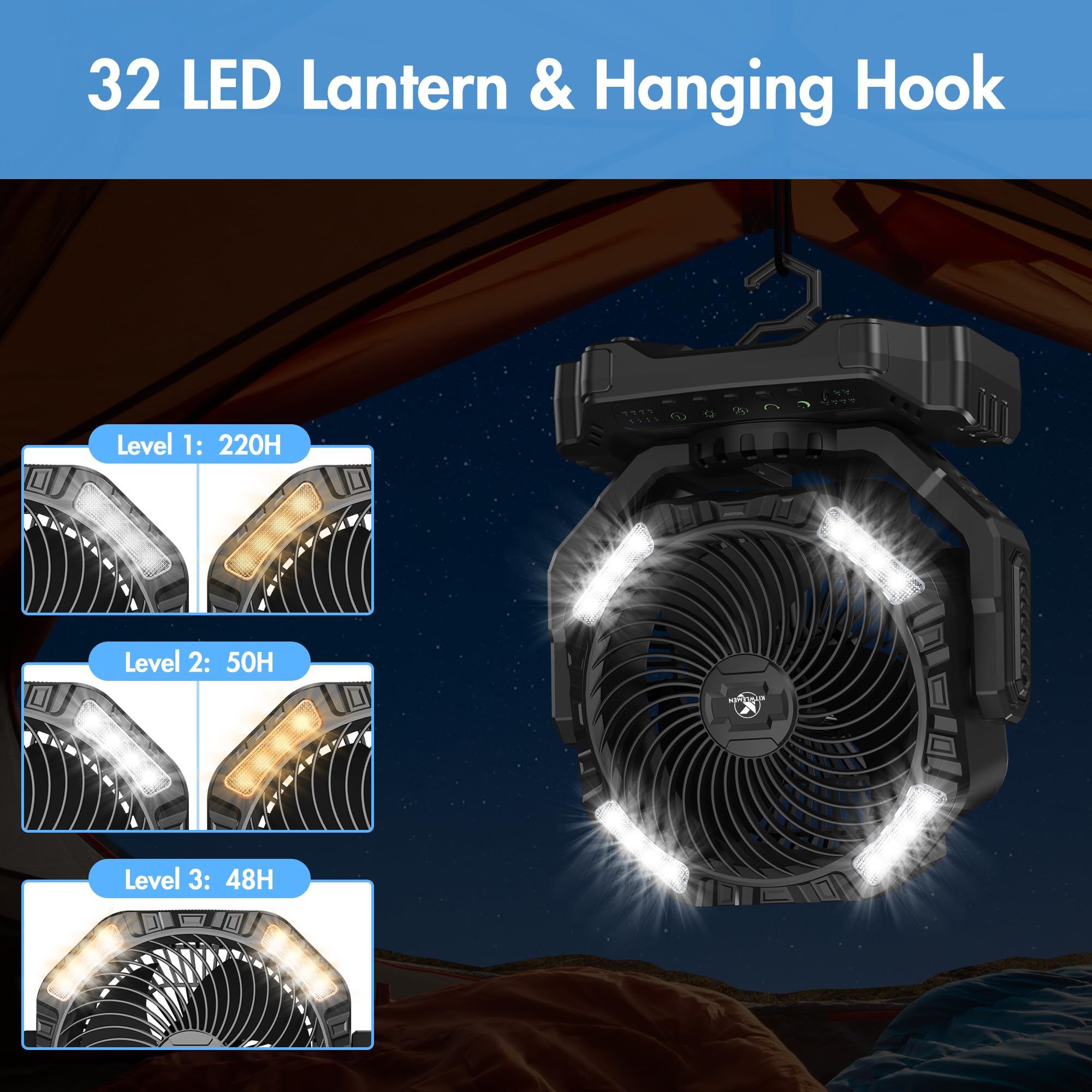 Camping Fan, 40000Mah Oscillating Rechargeable Battery Operated Fan, Portable Battery Powered Outdoor Tent Fan With Remote Light