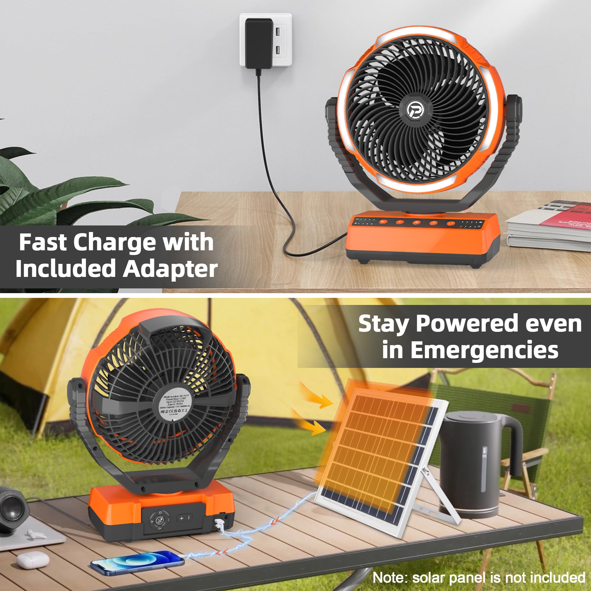 Panergy 20000Mah Rechargeable Camping Fan With Light, 70Hrs Running, Auto Oscillating, 4 Speed,For Tent, Travel, Power Outage, J