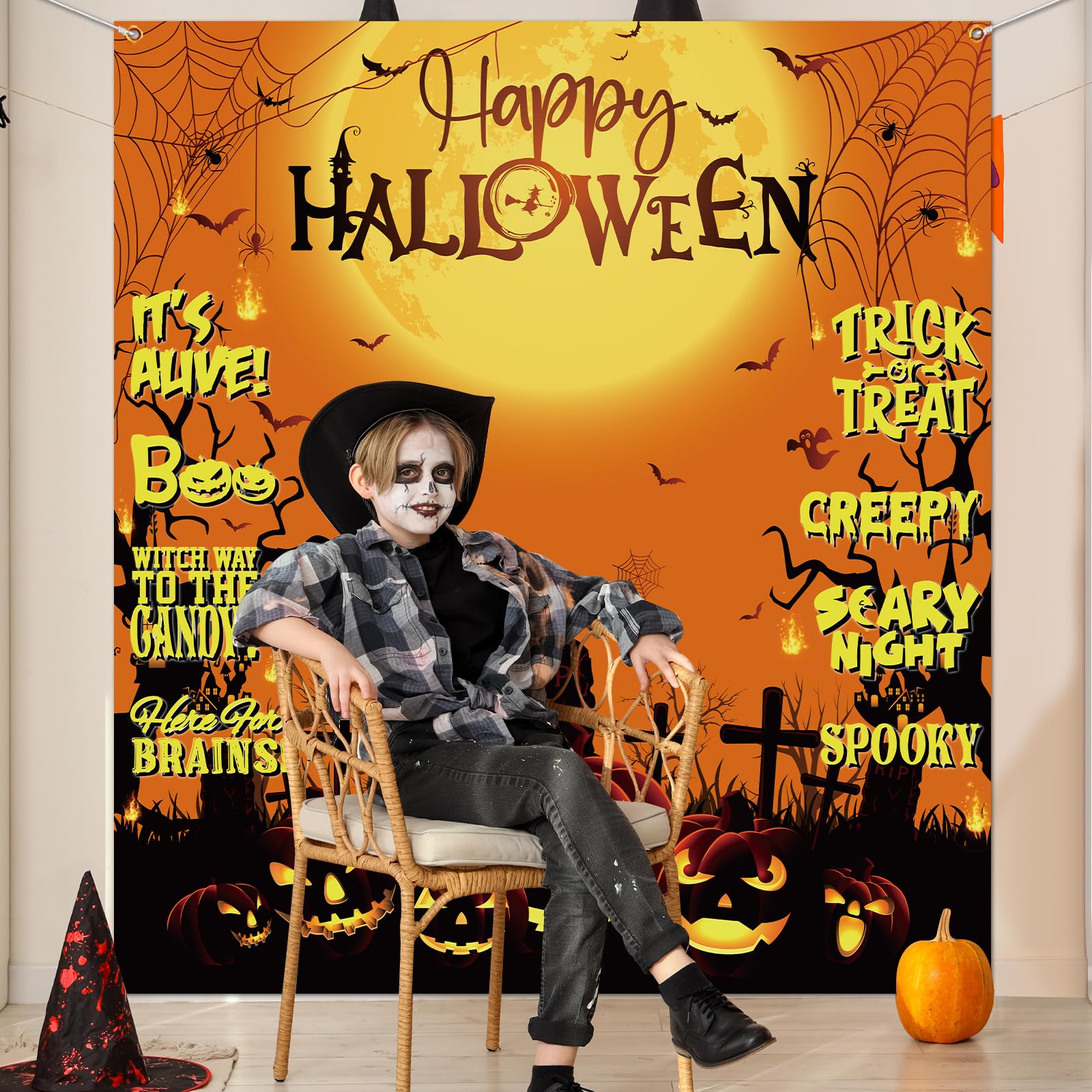 Halloween Backdrop,Orange And Black Scary Pumpkin Decorations Happy Halloween Photo Backdrop Halloween Banner For Trick Or Treat