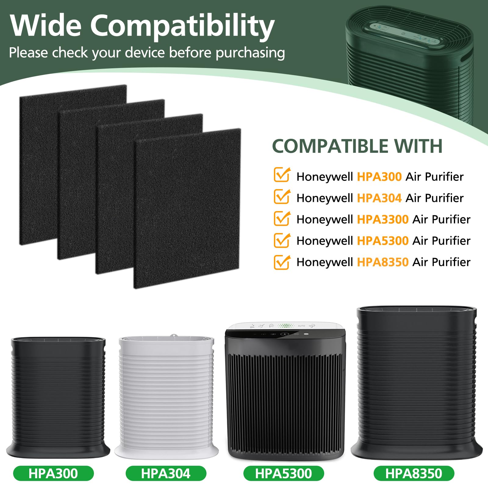 4Pack Hpa300 Carbon Pre Filter Compatible With Honeywell Hpa300 Series Air Purifier, Precut Premium Hrf A300 Activated Carbon Fi